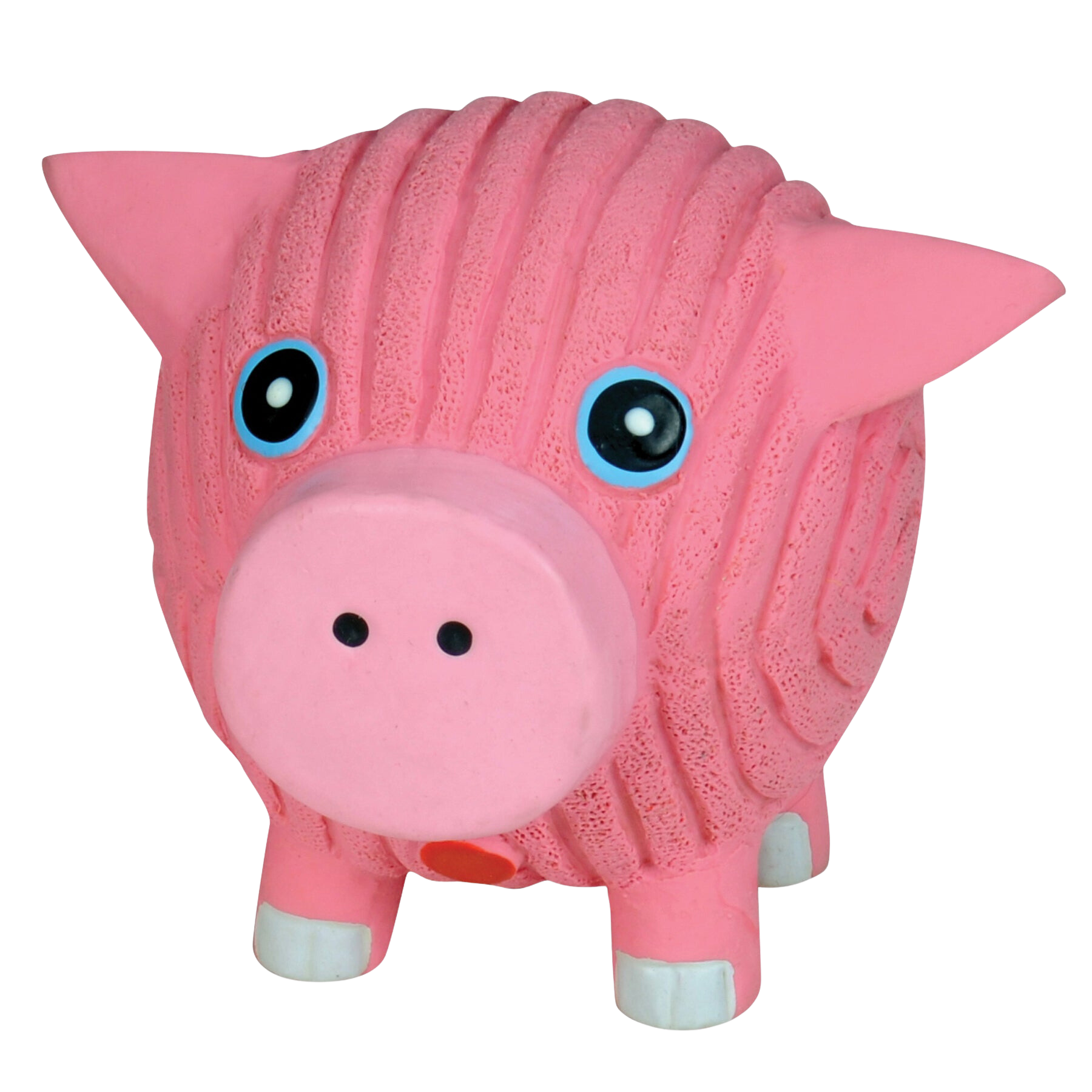 Hamlet the Pig dog toy made of thick-walled latex and have excellent tear-resistance and are bouncable.The pig is pink with blue eyes and inside contains a squeaker.