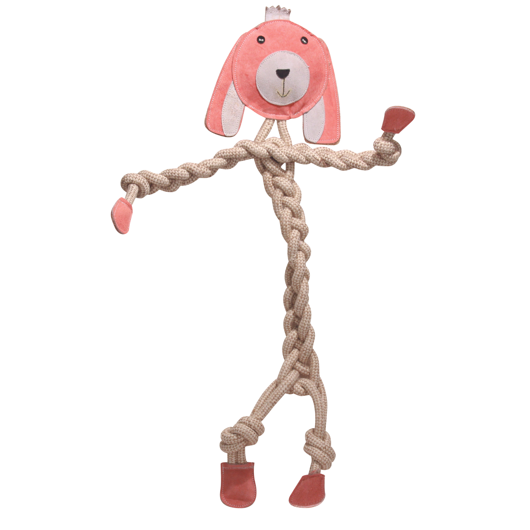 Large Bitsy the Bunny Natrual Rope dog toy. Bitsy has a pink fur with a pink face, with pink leather hands, feet, and a knotted rope body, arms, and legs. Bitsy is made out of natrual cotton, hemp, leather, coconut fiber materials, and has natrual dyes.