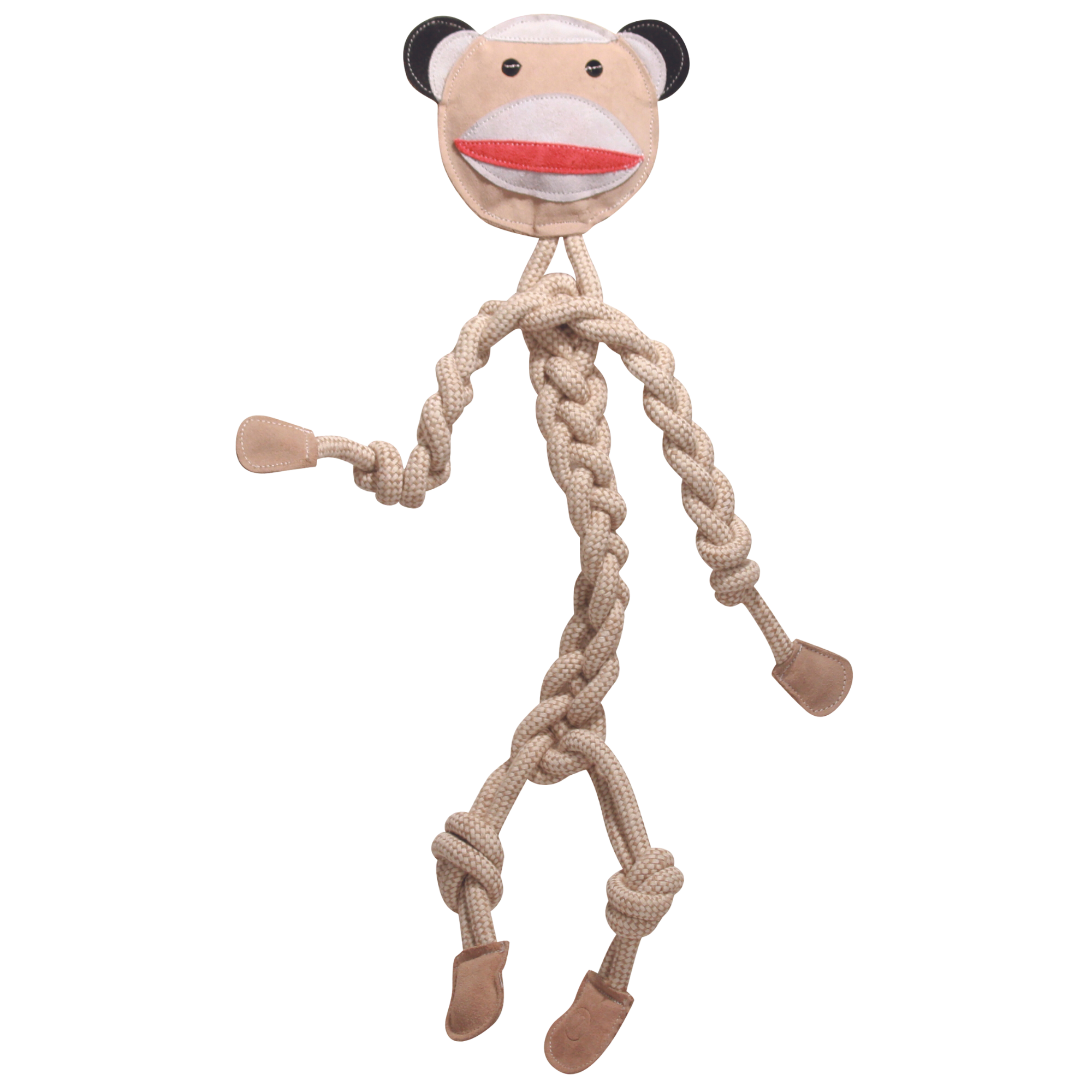 Large Stuey the Sock Money Rope Dog toy. Stuey has a light pink face, with black and white ears, and red lips. Stuey has light pink leather hands and feet, with rope knotted legs, arms, and body. Stuey is made out of natrual cotton, hemp, leather, coconut fiber materials, and has natrual dyes.