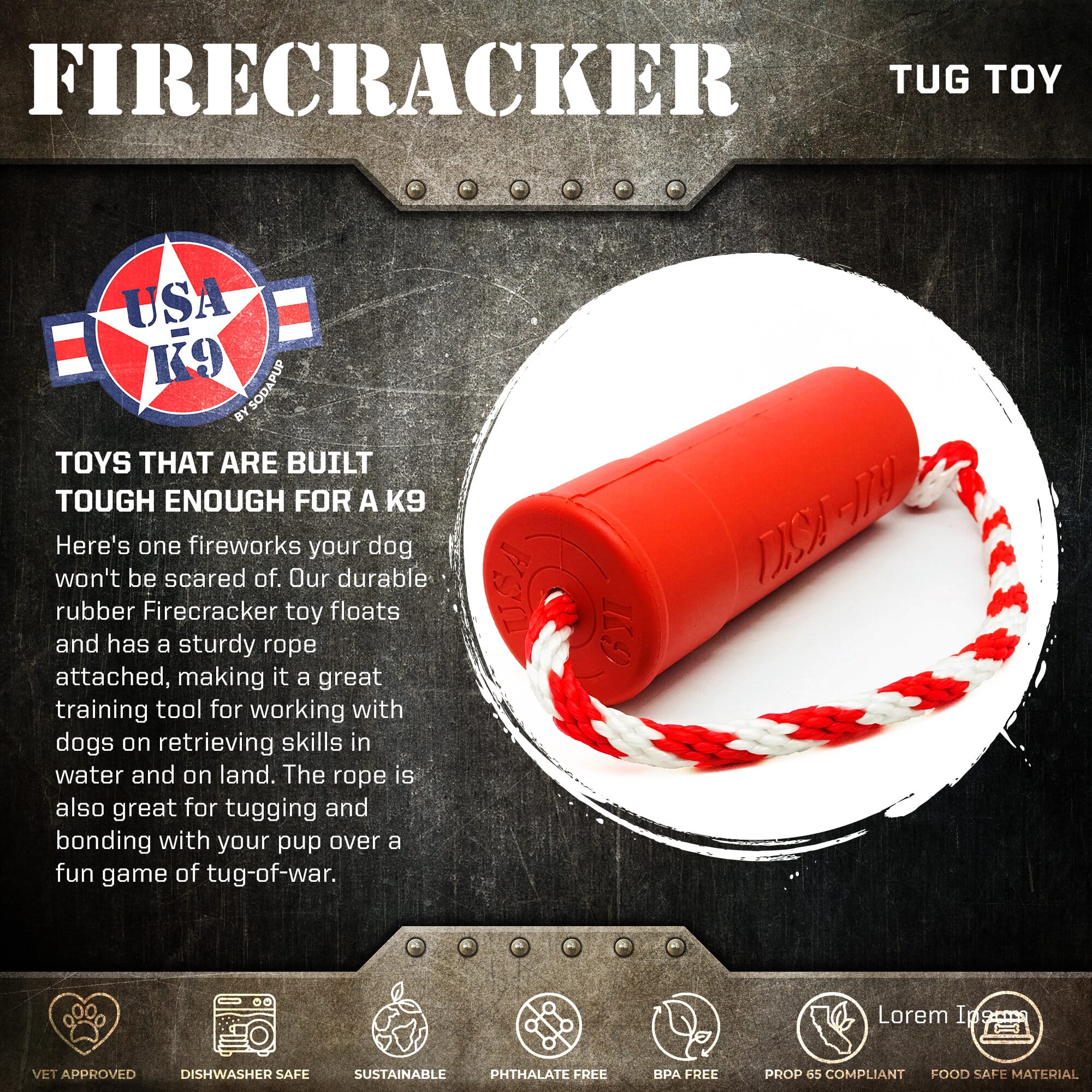 SodaPup USA-K9 Firecracker Floating Training Dummy | K9 Handler Reward Toy Red USA Made
