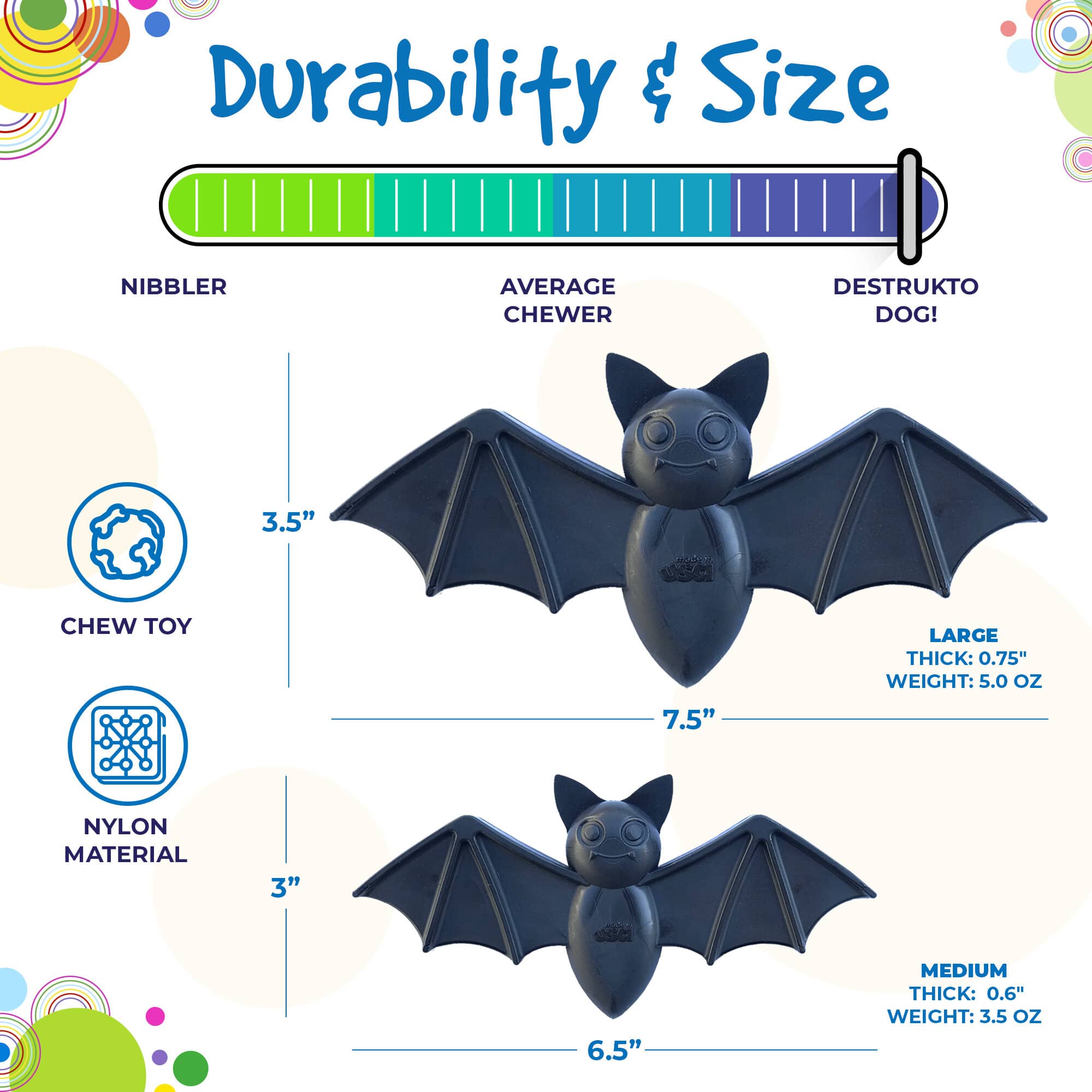 SodaPup Vampire Bat Nylon Dog Chew Toy Aggressive Chewers | USA Made & FDA Compliant
