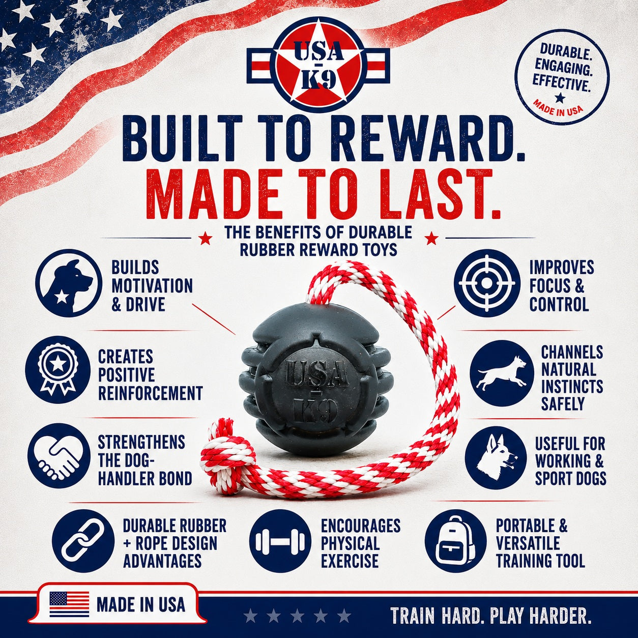 SodaPup USA-K9 Magnum Stars Stripes Rubber Dog Toy | K9 Handler Reward USA Made