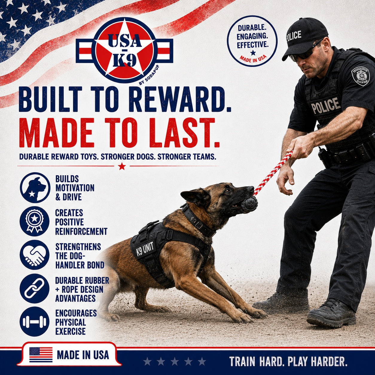SodaPup USA-K9 Magnum Stars Stripes Rubber Dog Toy | K9 Handler Reward USA Made