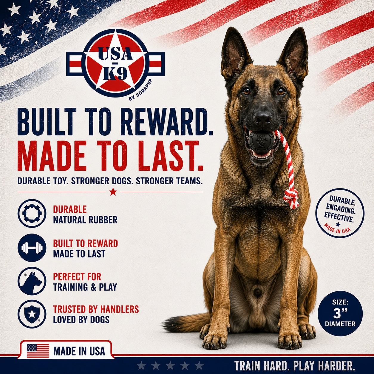 SodaPup USA-K9 Magnum Stars Stripes Rubber Dog Toy | K9 Handler Reward USA Made