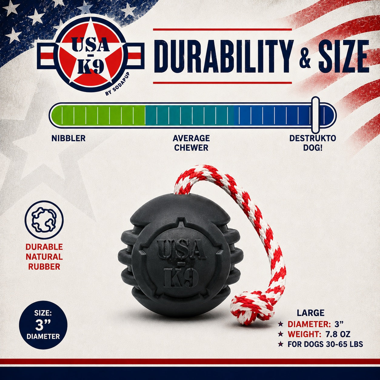 SodaPup USA-K9 Magnum Stars Stripes Rubber Dog Toy | K9 Handler Reward USA Made