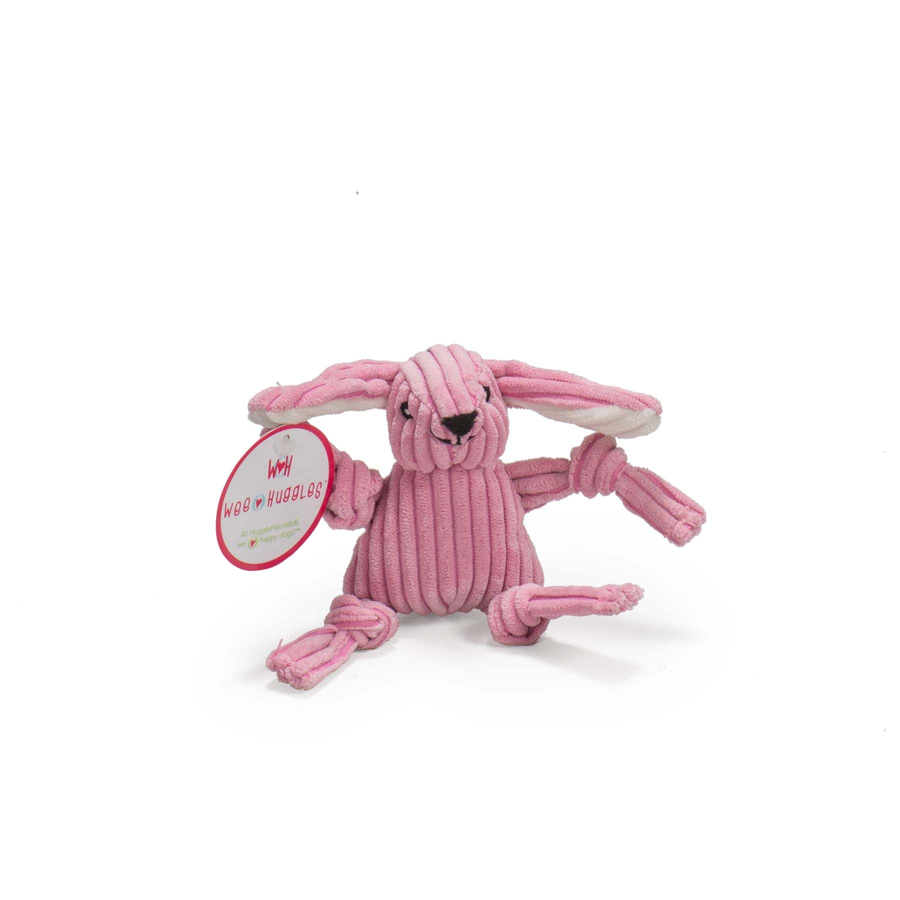 Image of the Pink furred bunny. The bunny has black eyes, white pupils, and a black nose.
