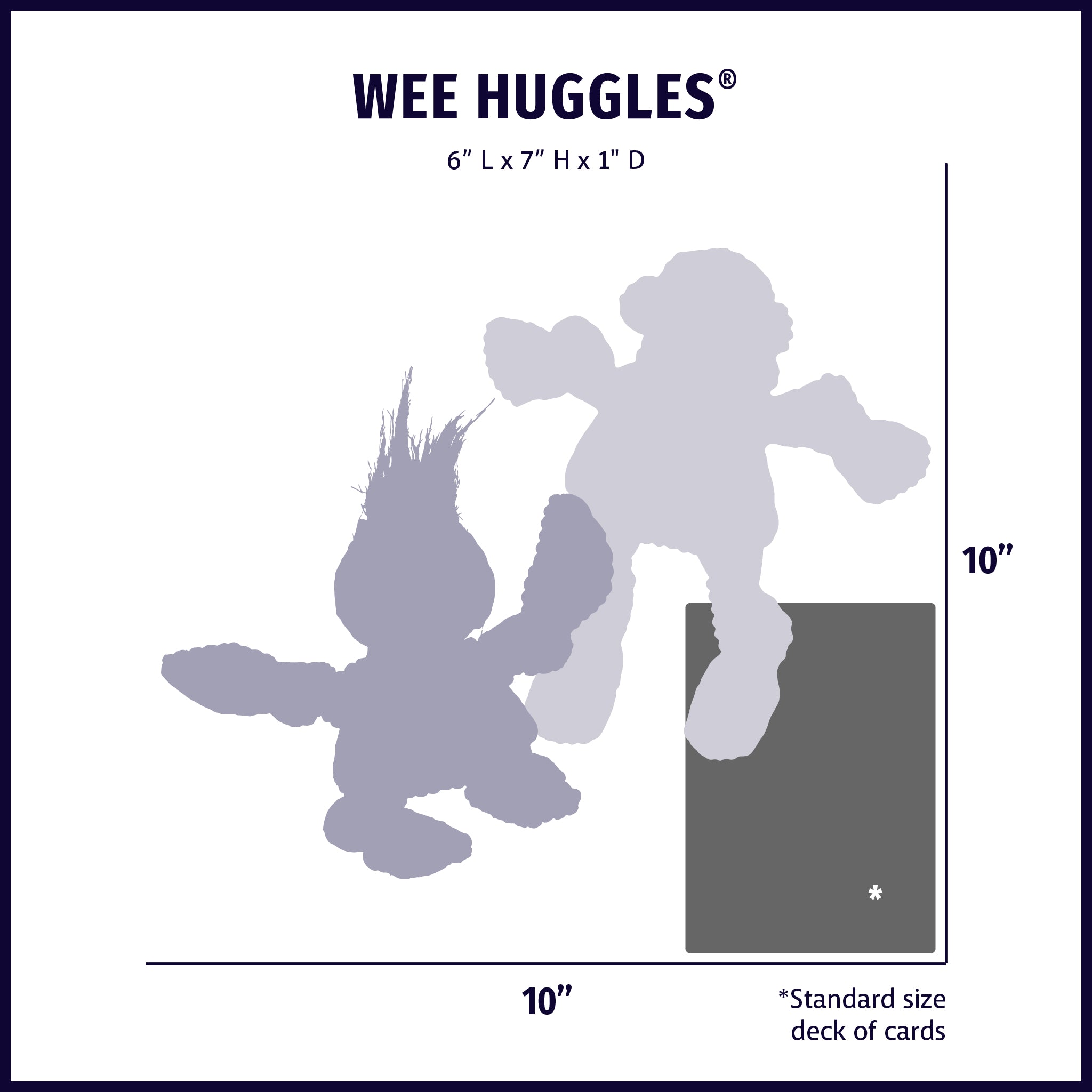 Image of a visual diagram of the size of Wee sized toys compared to a standard deck of cards. The wee sized toys have a length of 6 inches, a height of 7 inches, and a depth of 1 inch.