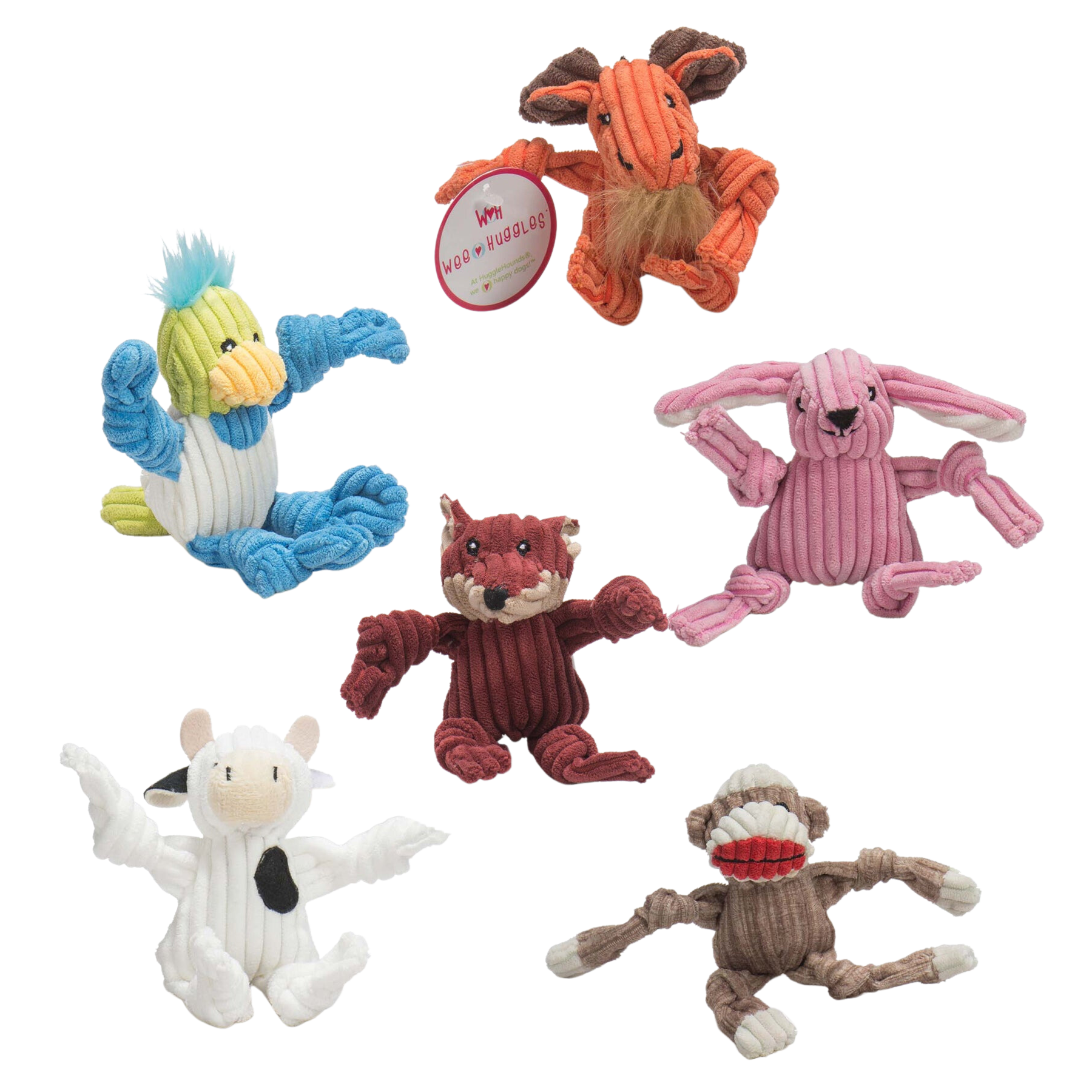 6 pack of assorted wee sized plush dog toys. The 6 plush toys include a white fured cow with black spots, a fox with burgandy fur, a pink bunny, a brown furred monkey, light red-orange colored moose, and a duck with a green face and tail, blue limbs and hair, and a white body. Each one of these toys contain a squeaker inside.