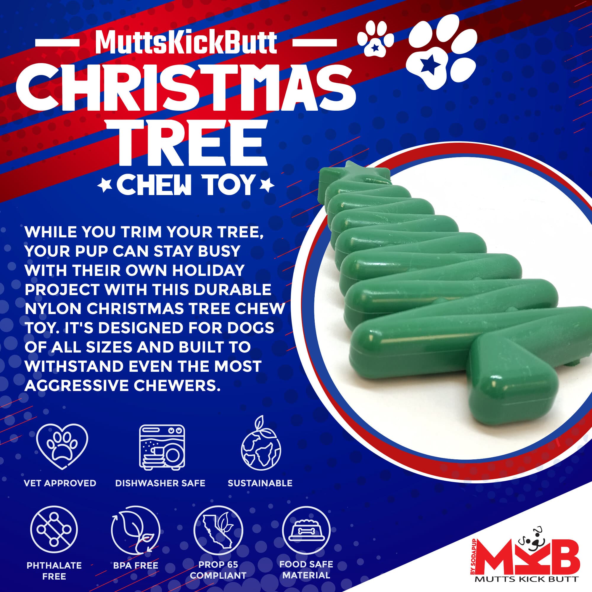 SodaPup Christmas Tree Nylon Dog Chew Toy Aggressive Chewers | USA Made & FDA Compliant