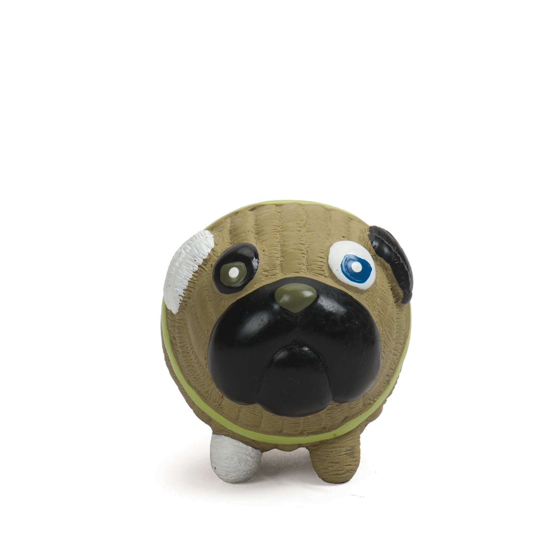 Image of Puggie the Pug dog facing the camera. Puggie has muddy green fur, with his right ear being white and the left ear is black. His right eye is black and green and the left eye is white and blue. He has a black lips, a green nose, and his front right paw is white.