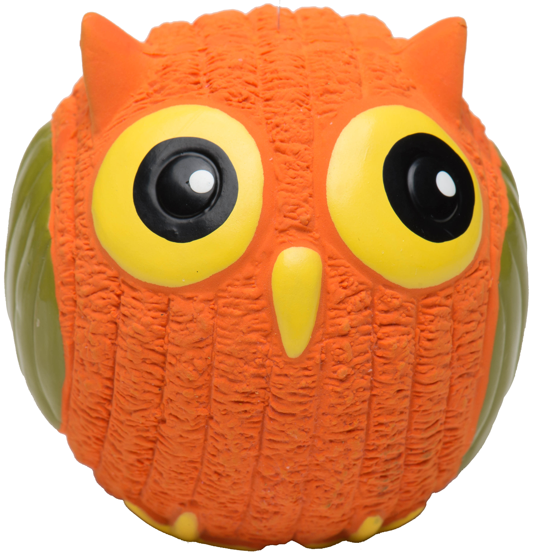 Small Poppy the Owl squeaky ball dog toy. This owl has orange and green feathers made of PU foam stuffed latex.