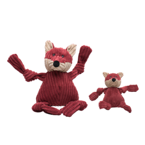 Large and Small Fox dog toy. The fox is burgundy and with a minor spots of a light beige on the tail, ears, and mouth. There are two knottied arms and legs. Has five squeakers one in each arm, leg and in the stomach. Made with exclusive Tuffut Technology®.