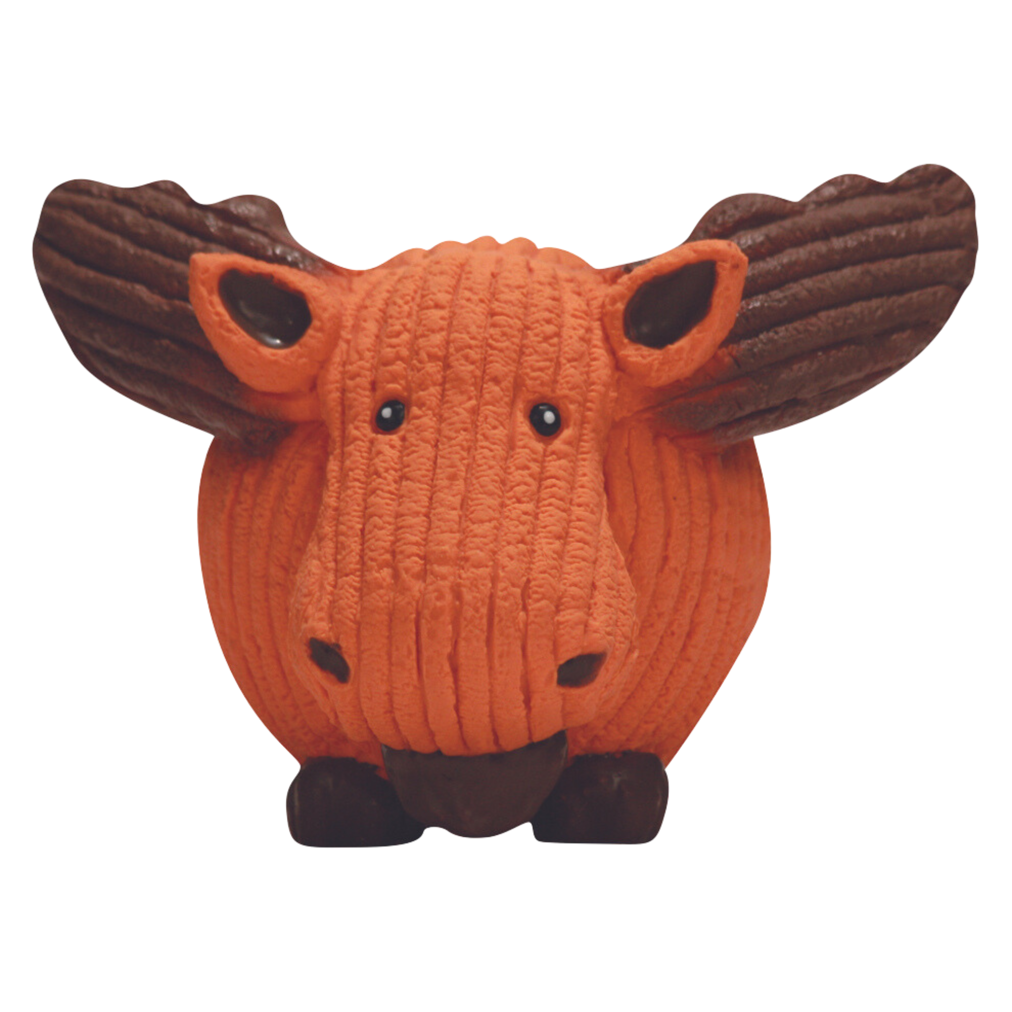 Morris the Moose, is a moose-shapped squeaky ball dog toy made of PU foam stuffed latex.