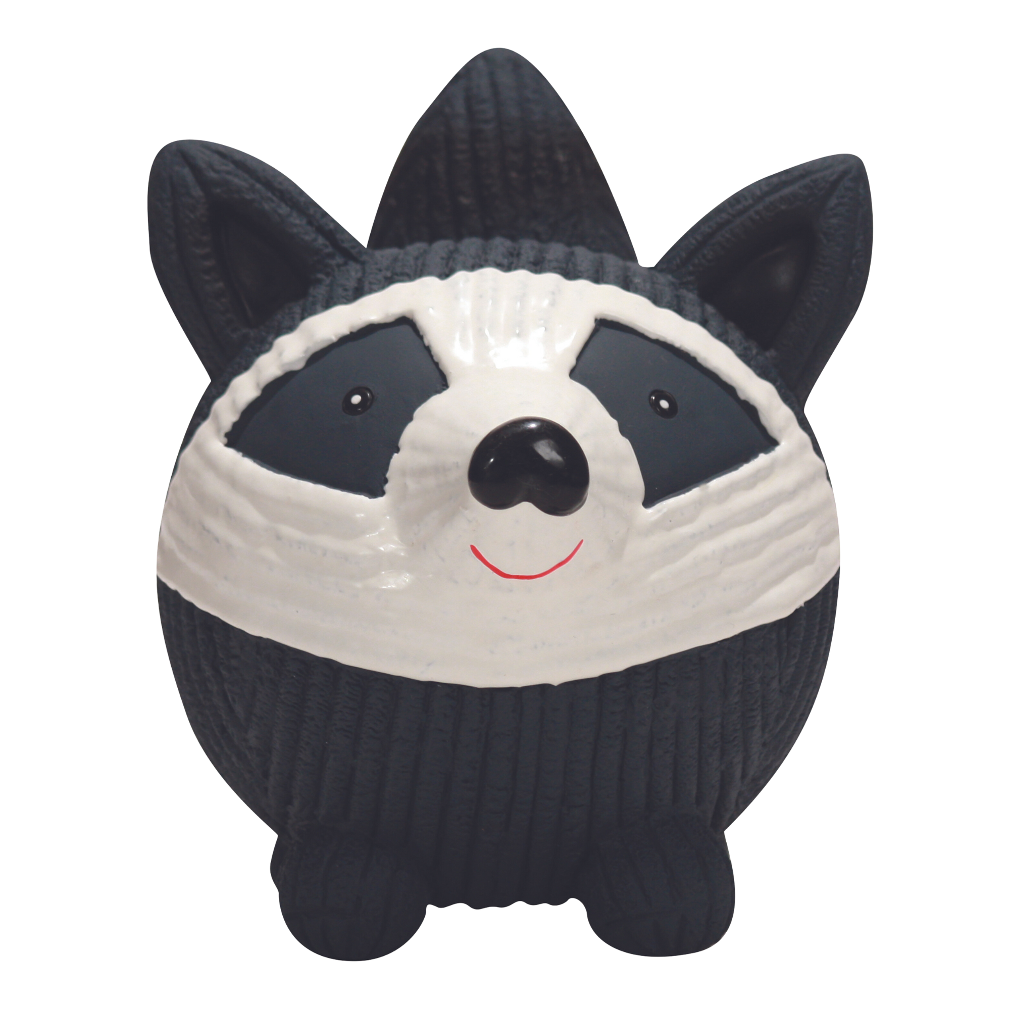 White and dark blue and gray squaky ball dog toy made of PU foam stuffed latex.