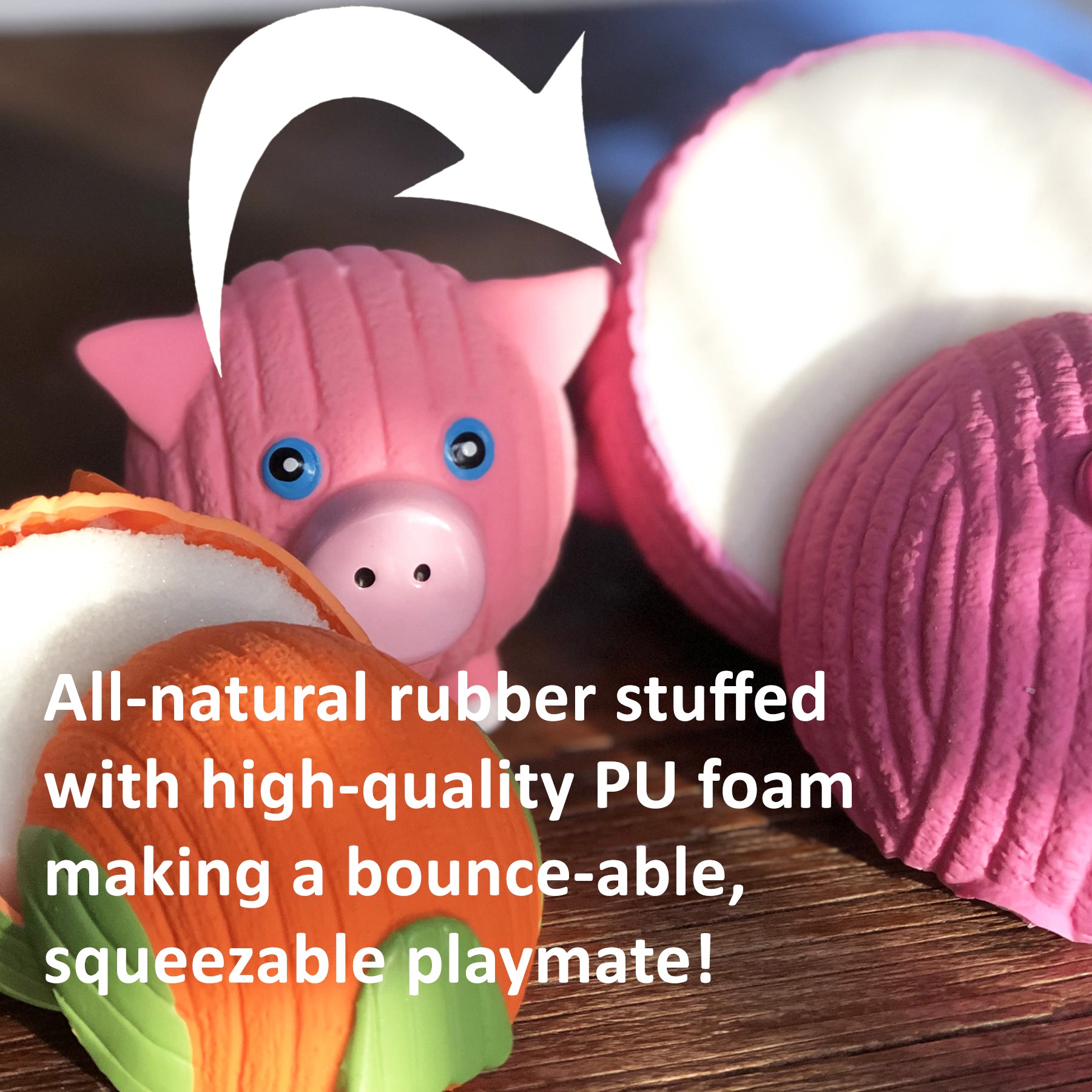Image of pink pig, and two cut open Ruff Tex toys. With an arrow and text proving that our toys are stuffed with all-natrual rubber stuffed PU foam.