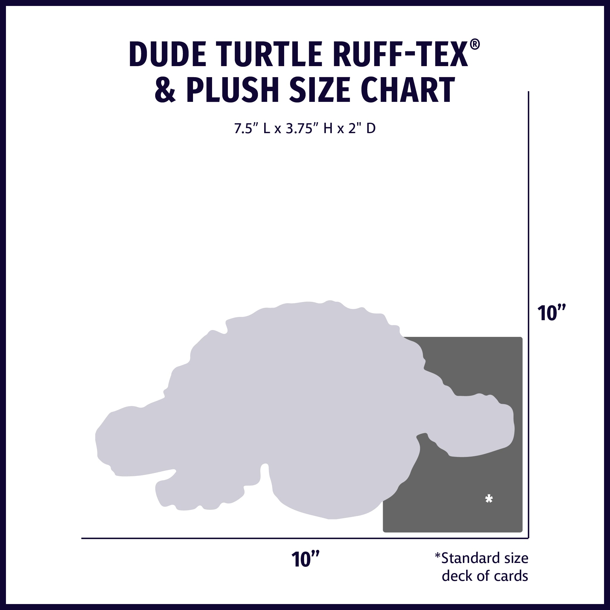 Image of a diagram that compares the dimensions of the Dude Turtle to a standard deck of cards.
