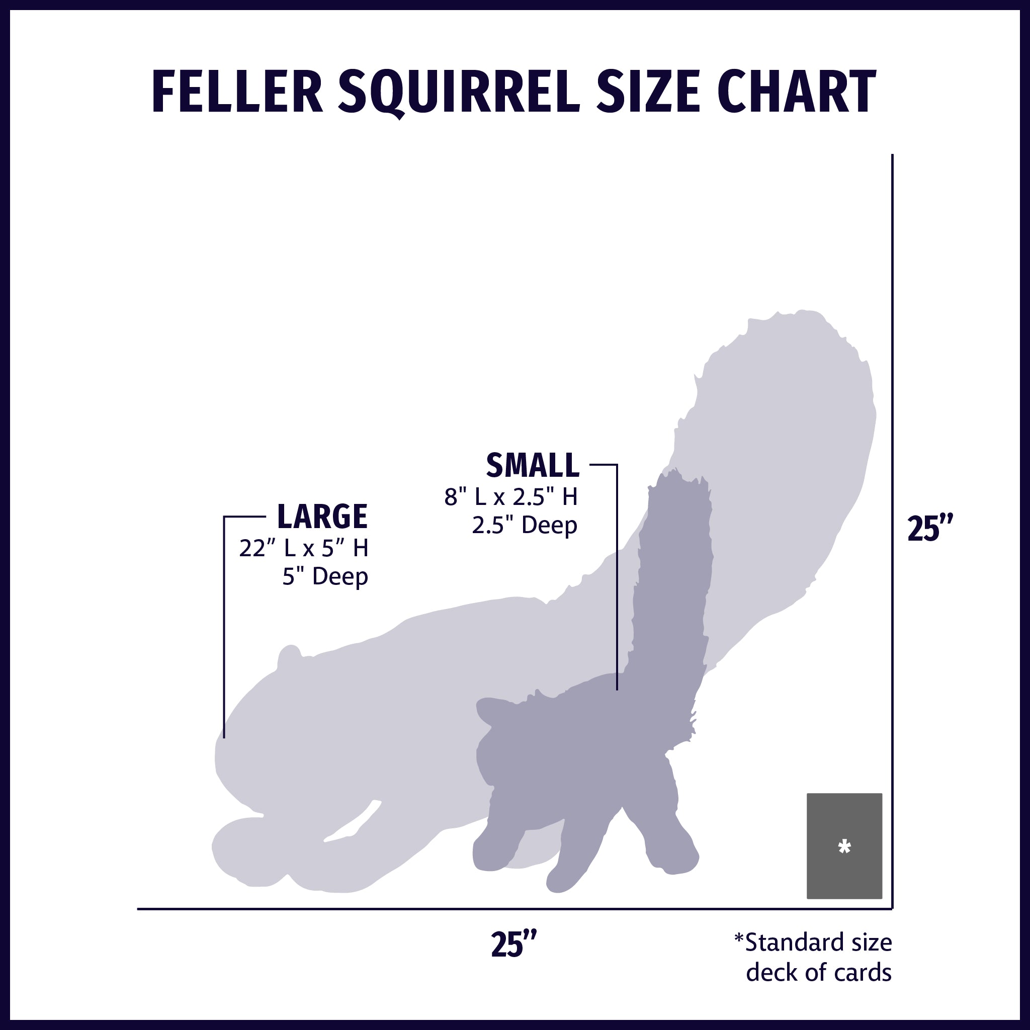Diagram displaying the sizes of the small and large Fellar Squirrel plush toys. The small has a length of 8 inches , height of 2.5 inches, and is 2.5 inches deep. The large has a length of 22 inches, a height of 5 inches, and is 5 inches deep.