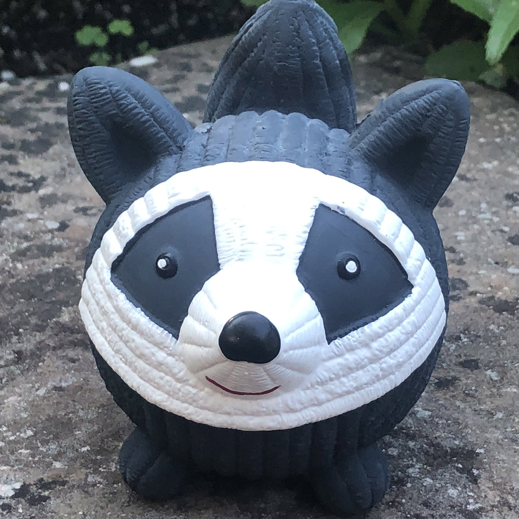 Lifestyle image of Reggie the Raccoon sitting on a rock slab, looking at the camera.