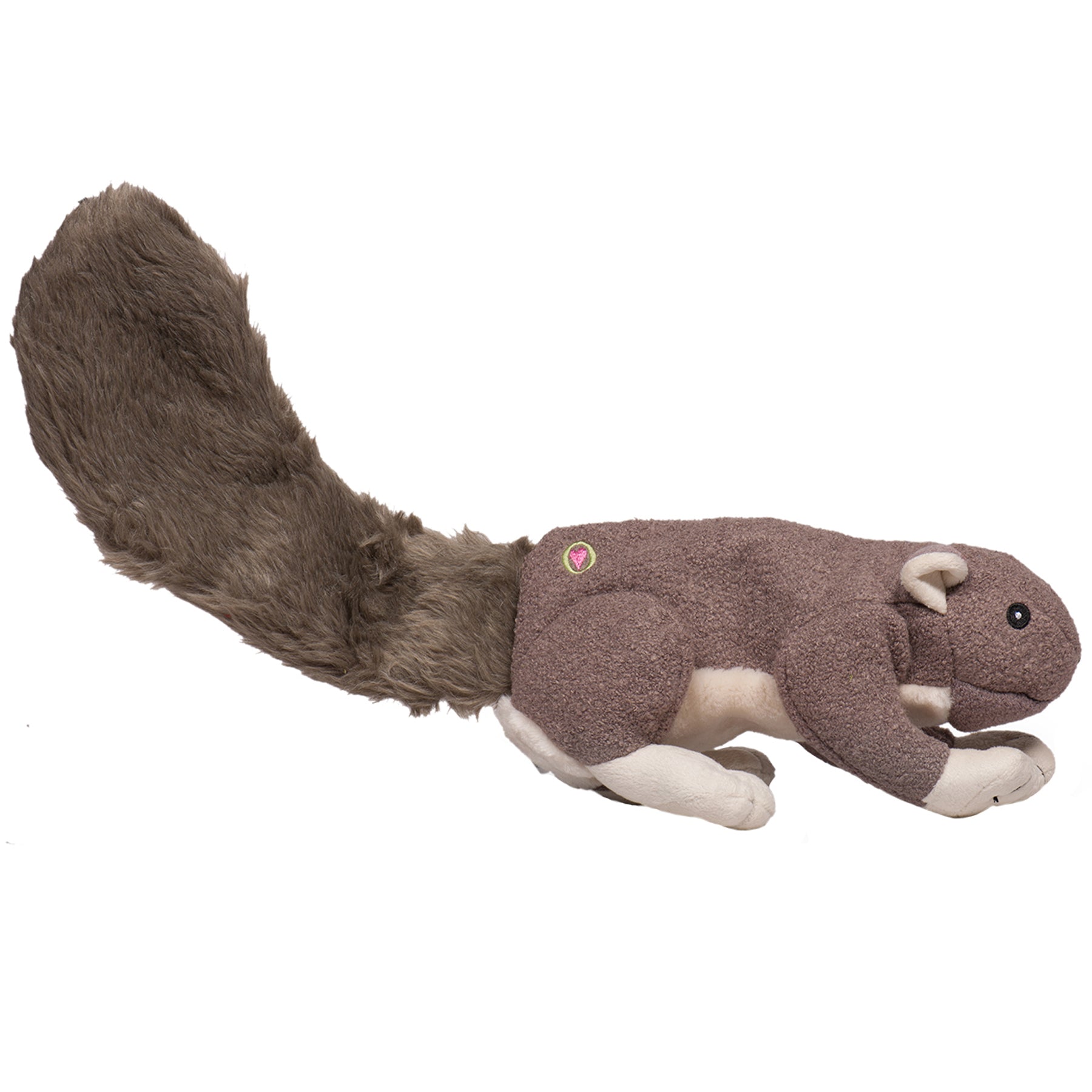 Large Squirrel Fellar Plush dog toy. This fellar has dark-brown fur with beige paws, a beige inner ear, and a large squeaker inside the body. Also a long and furry grey tail and everything is made with our exclusive Tuffut Technology heay-duty 3-layer lining.