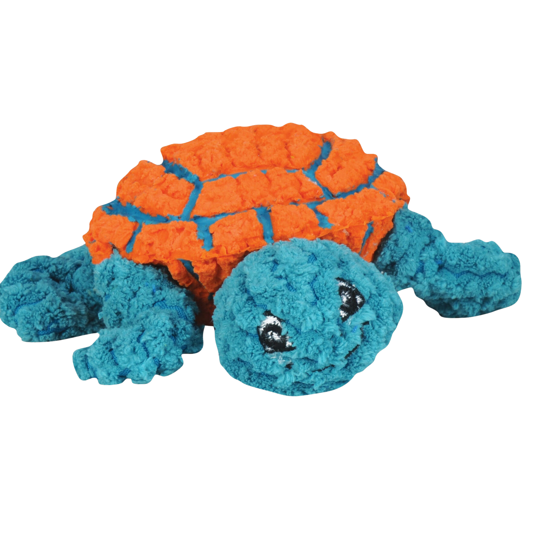 Dude Turtle dog toy. This turtle is blue with a orange shell. The turtles skin is furry and durable while the shell is squeaky and like a ball. Inside the shell contains a squeaker.