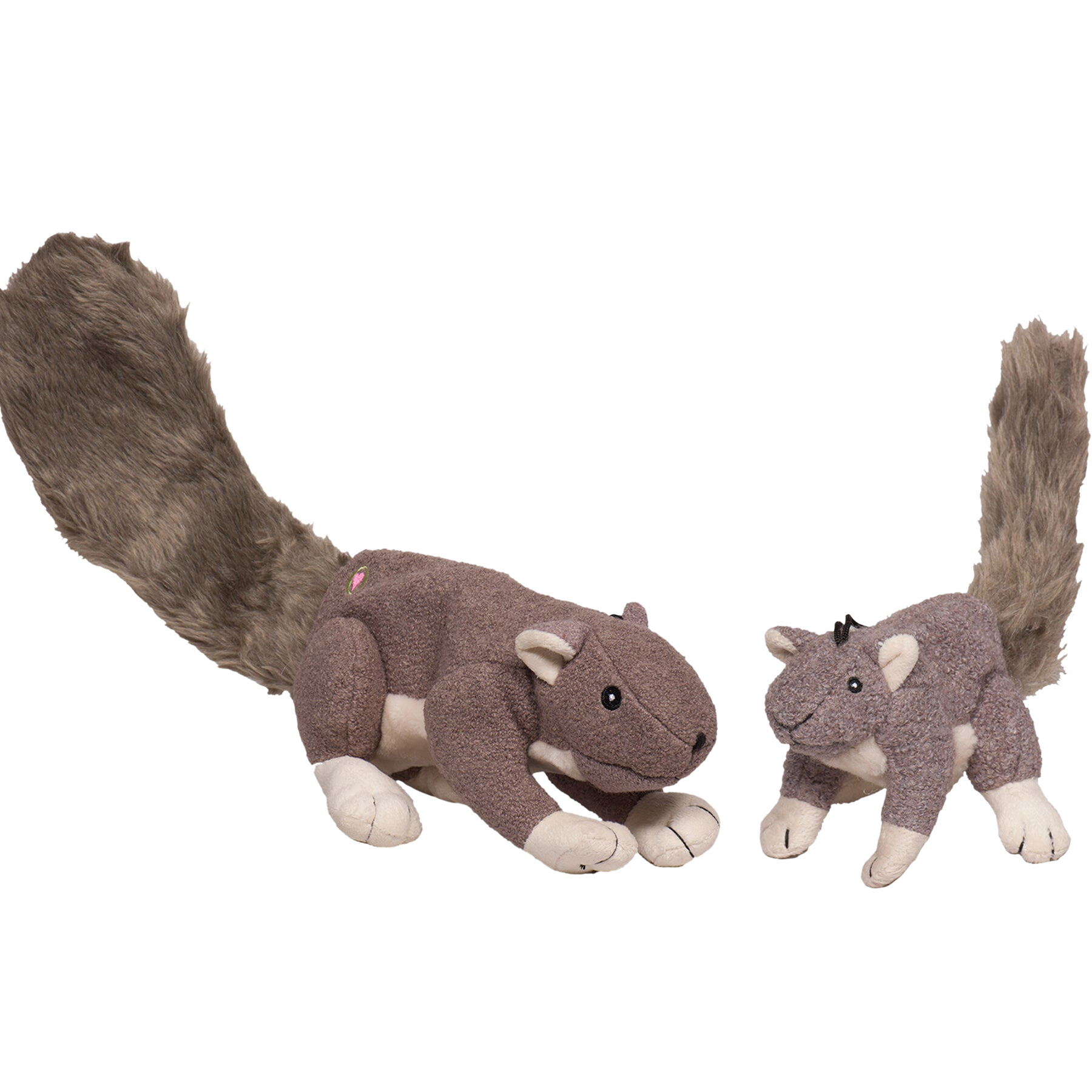 Small and large Squirrel Fellar Plush dog toy. This fellar has dark-brown fur with beige paws, a beige inner ear, and a large squeaker inside the body. Also a long and furry grey tail and everything is made with our exclusive Tuffut Technology heay-duty 3-layer lining.