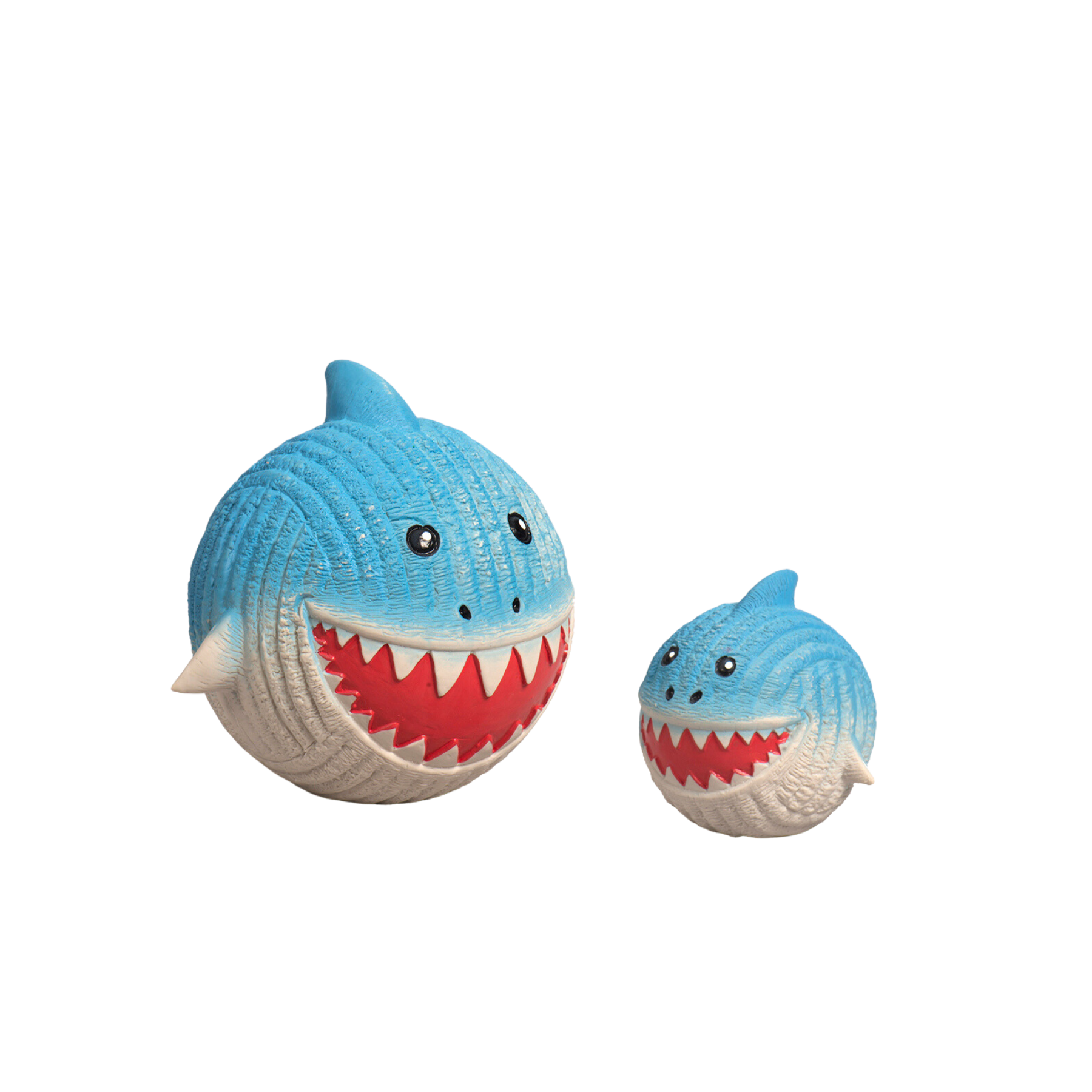 Large and small Shark dog toy made of thick-walled latex and have excellent tear-resistance and are bouncable. The shark has blue top and on it's bottom it's white. It has white teeth and a red mouth.