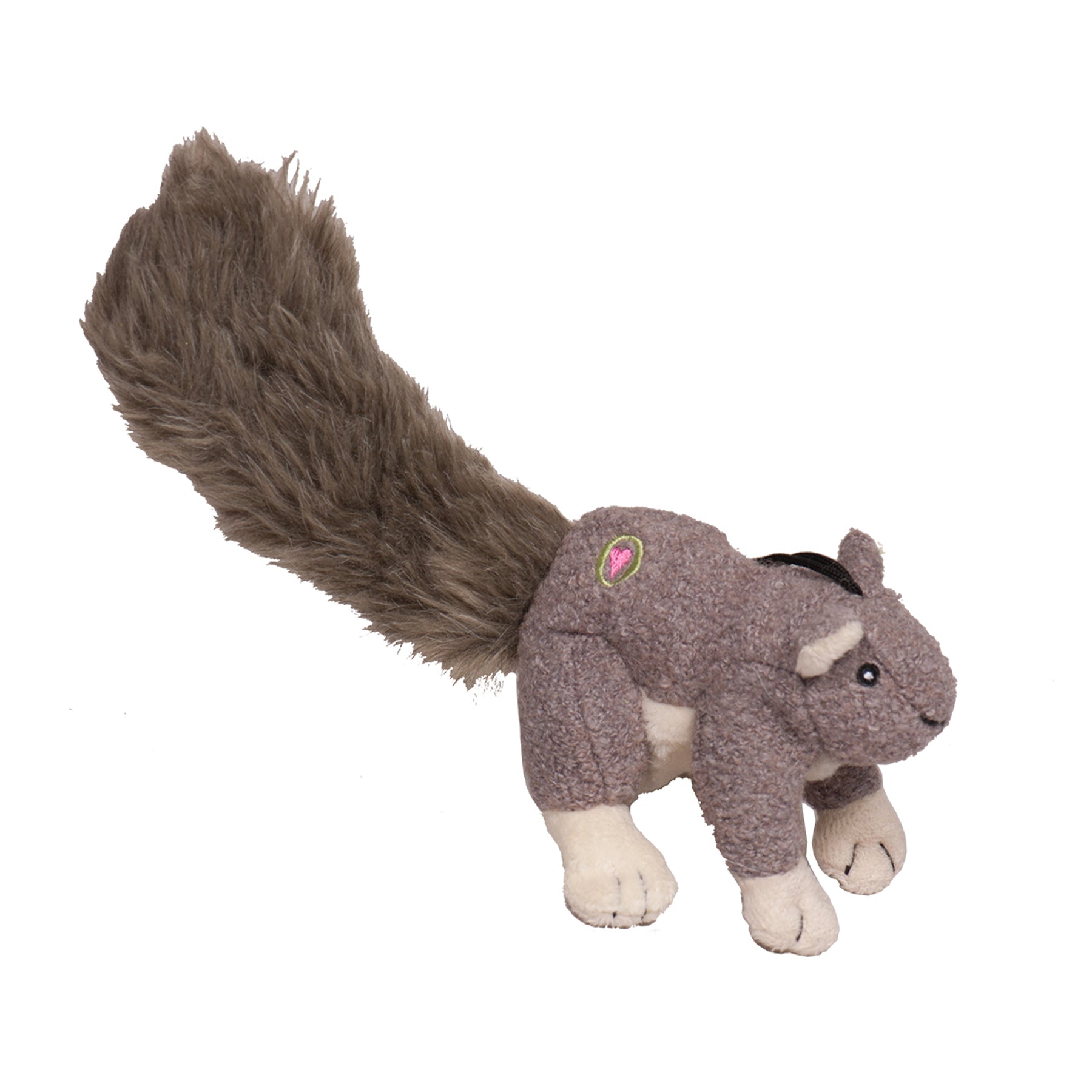 Small Squirrel Fellar Plush dog toy. This fellar has dark-brown fur with beige paws, a beige inner ear, and a large squeaker inside the body. Also a long and furry grey tail and everything is made with our exclusive Tuffut Technology heay-duty 3-layer lining.
