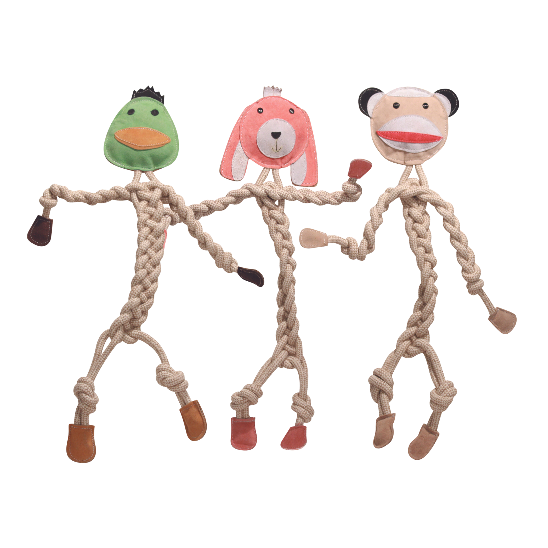 3 pack of natrual extra large rope dog toys. The rope toys include a duck, bunny, and a monkey. The duck has a green face with black leather hands and brown leather feet. The Bunny is pink with pink leathered hands and feet. Lastly the monkey is brown with beige leathered hands and feet.