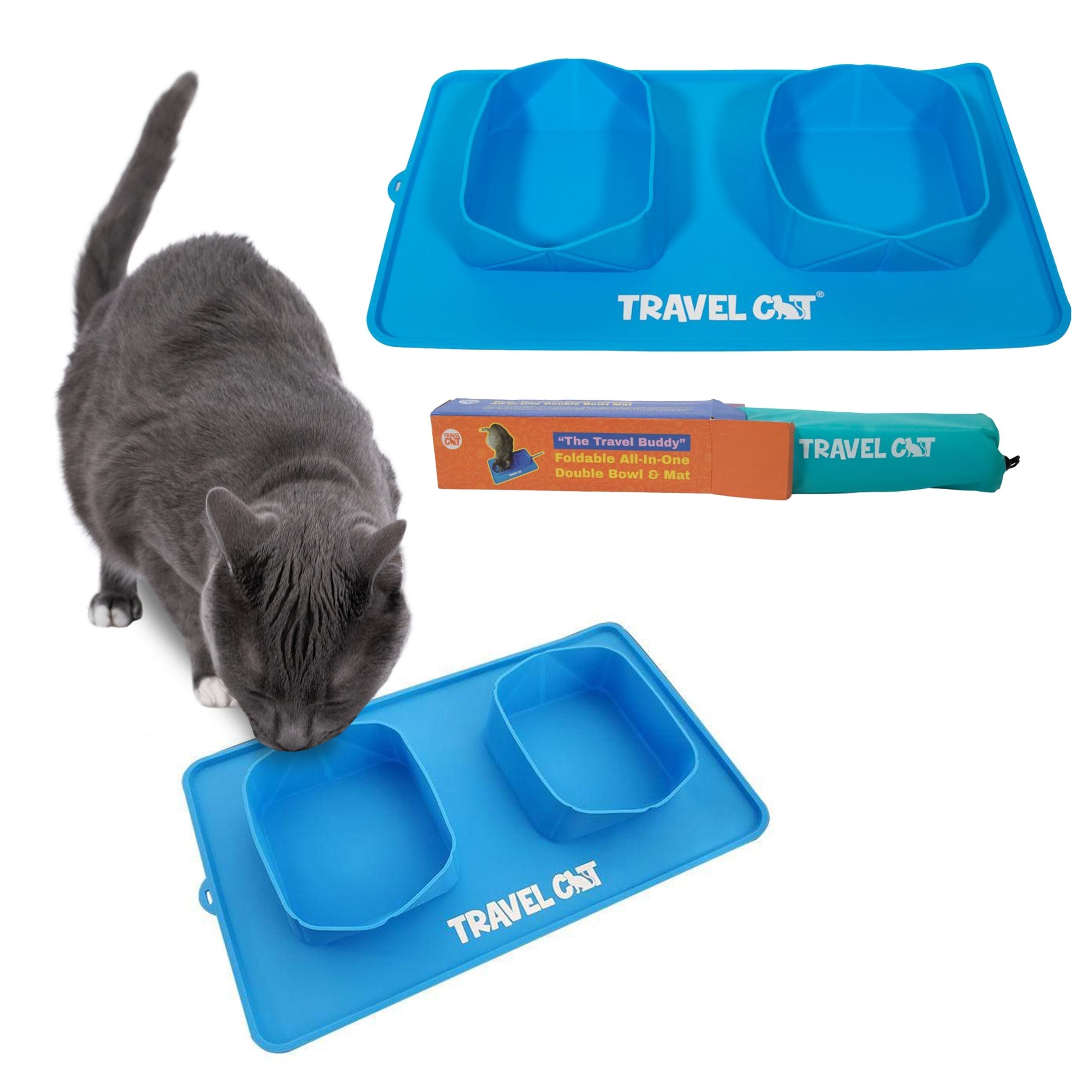 "The Travel Buddy" Double Bowl & Mat - Portable Cat Food & Water Dish - Image 3