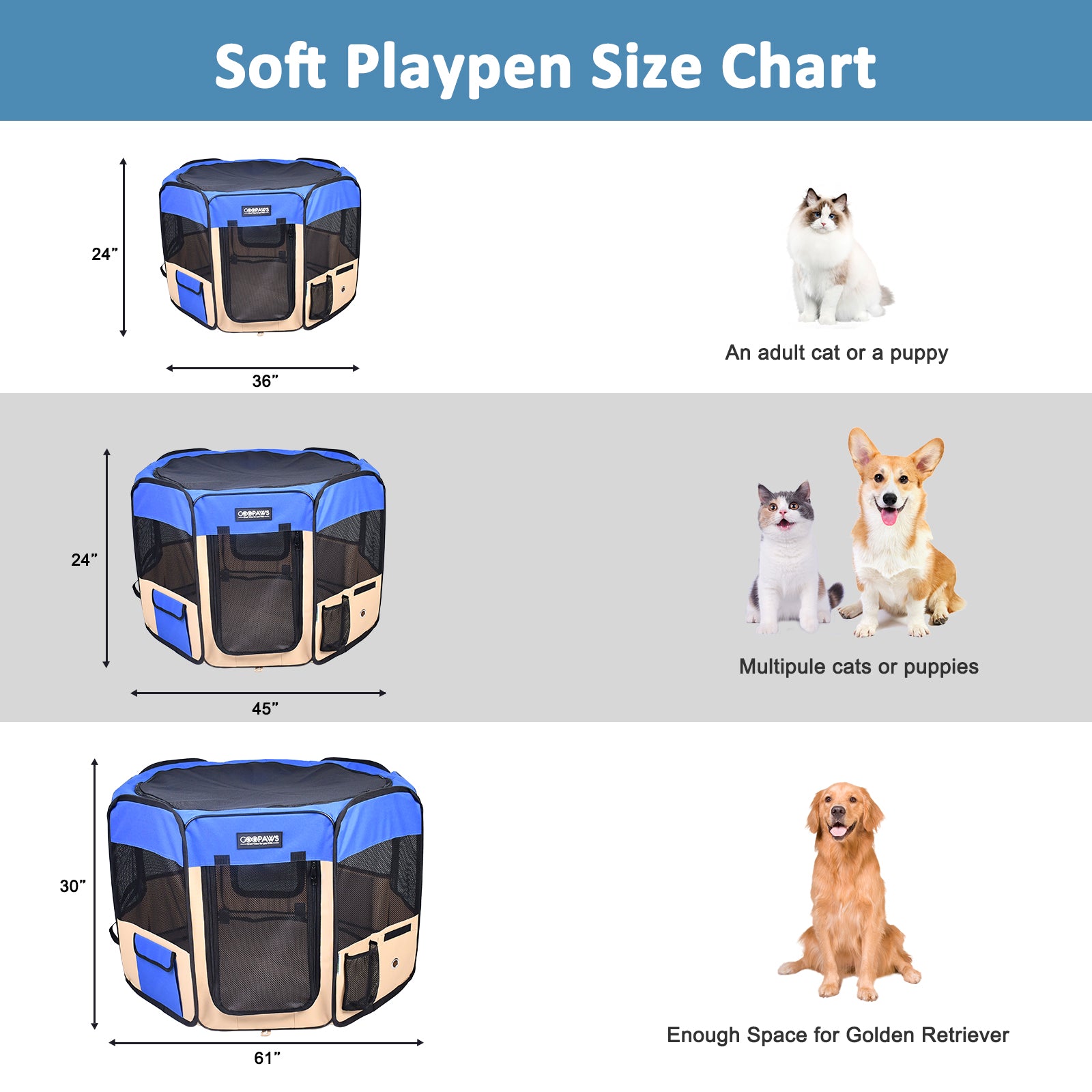 Jespet 2-Door Portable Soft-Sided Dog, Cat & Small Pet Exercise Playpen, Blue, 45'' - Image 3