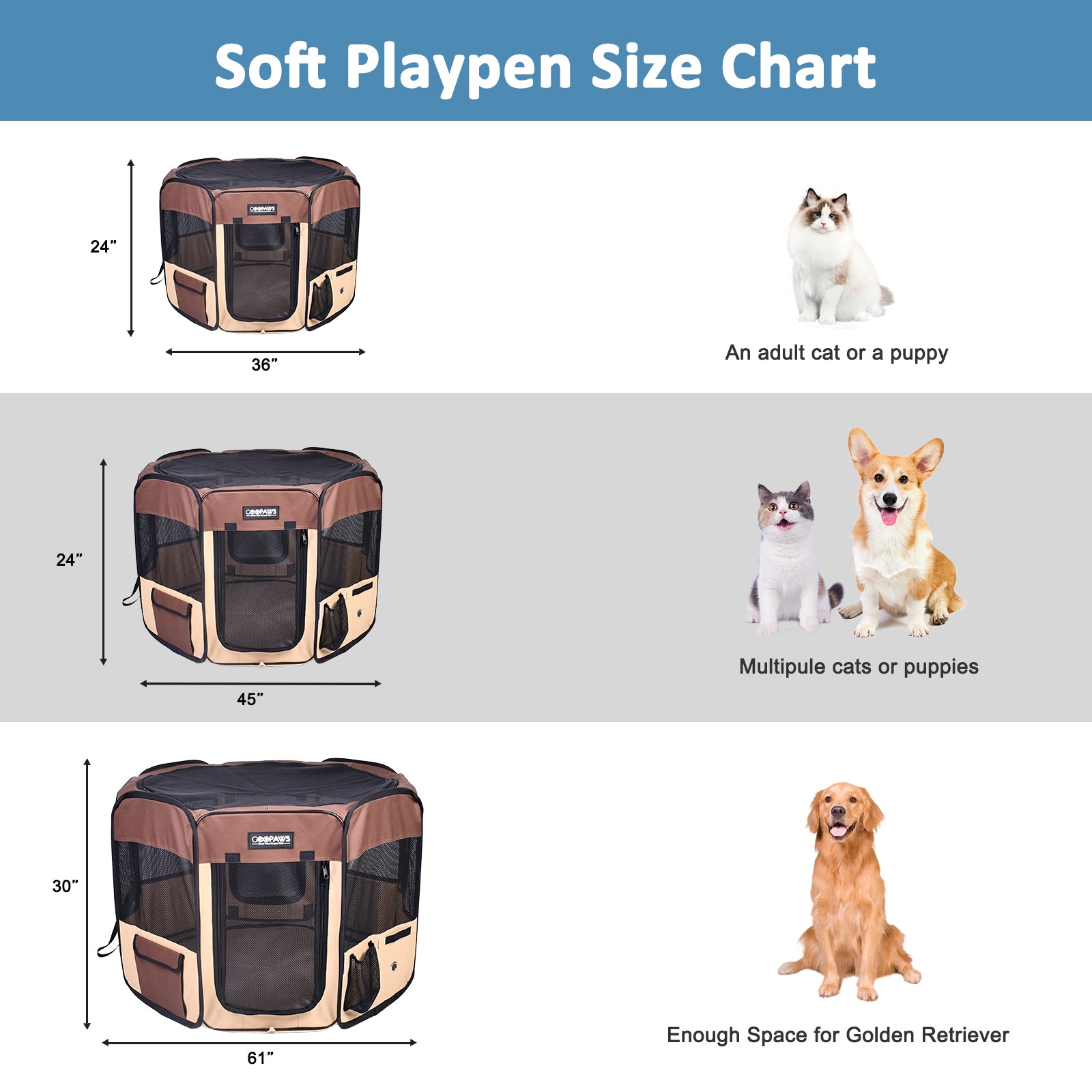 Jespet 2-Door Portable Soft-Sided Dog, Cat & Small Pet Exercise Playpen, Brown, 61'' - Image 3