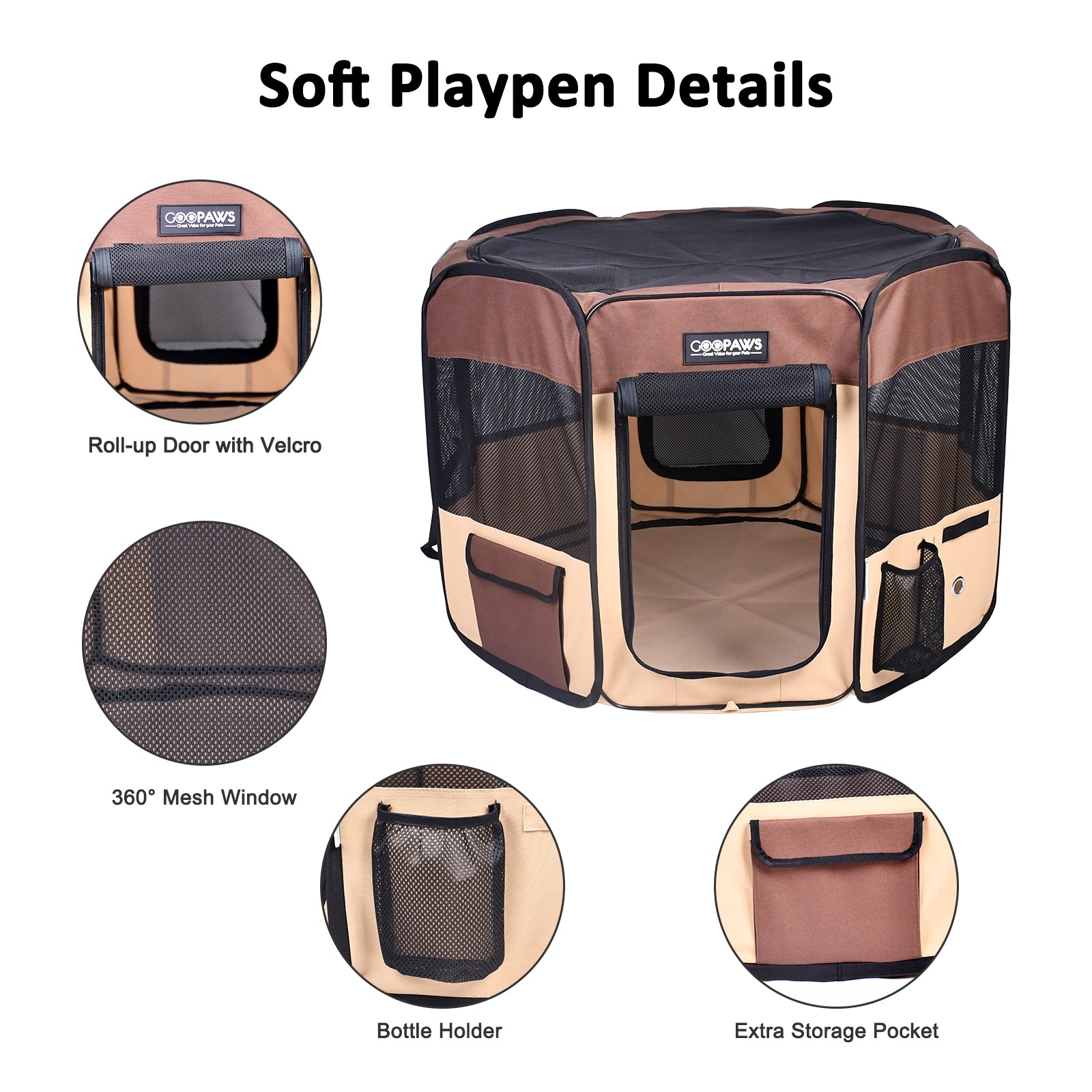 Jespet 2-Door Portable Soft-Sided Dog, Cat & Small Pet Exercise Playpen, Brown, 61'' - Image 4