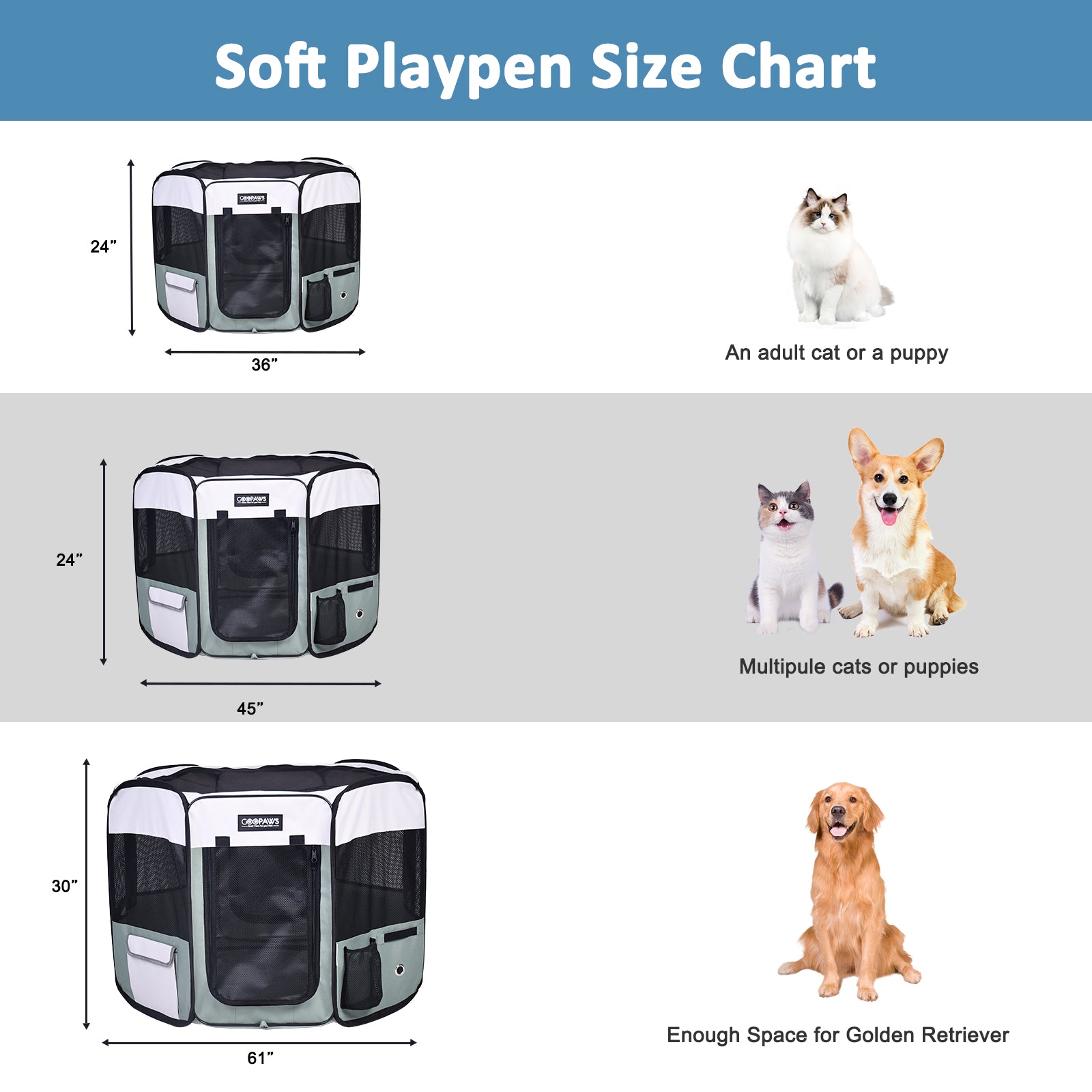 Jespet 2-Door Portable Soft-Sided Dog, Cat & Small Pet Exercise Playpen, Green, 61'' - Image 3