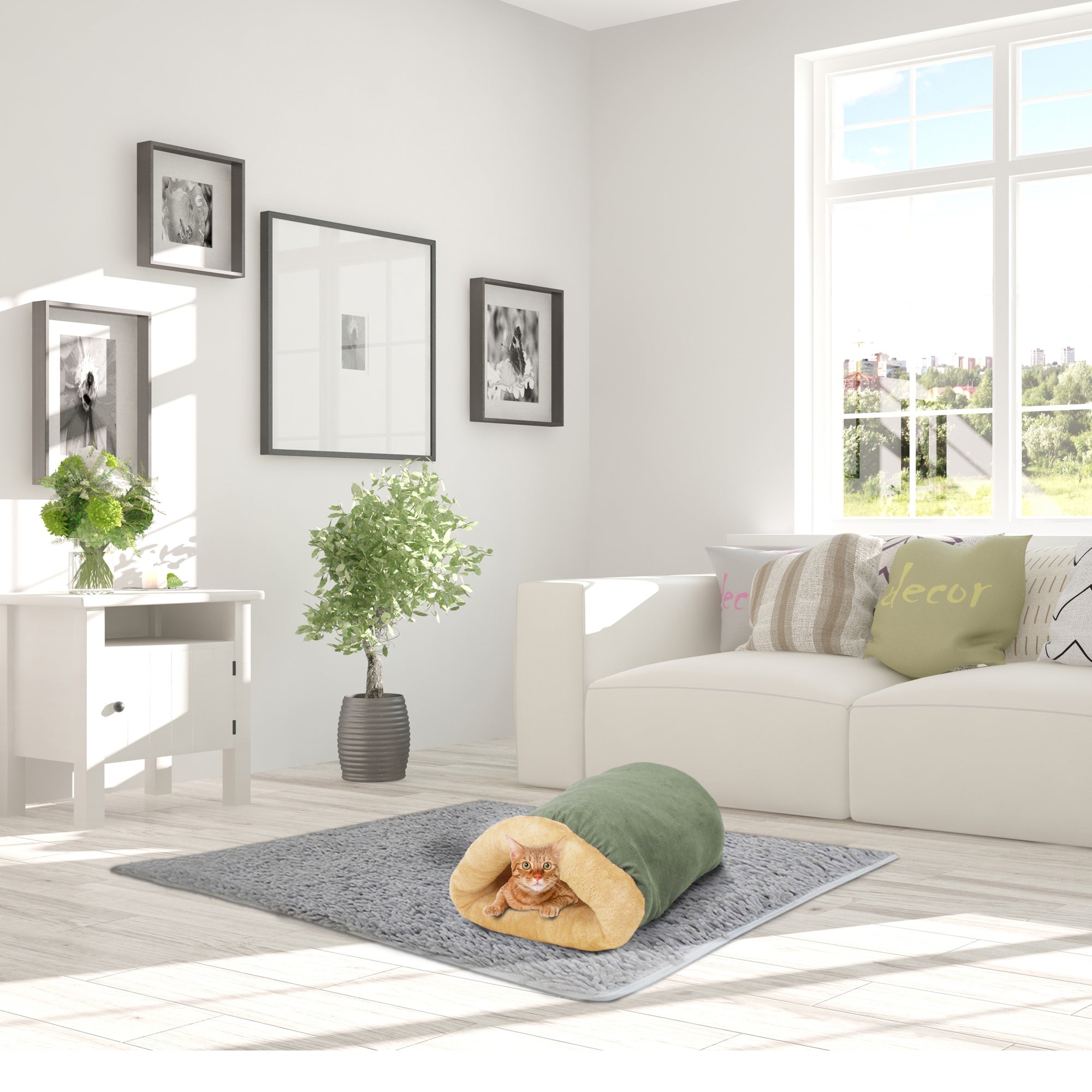 GOOPAWS 4 in 1 Self Warming Burrow Cat Bed Sleeping Cave, Sage Green - Image 7