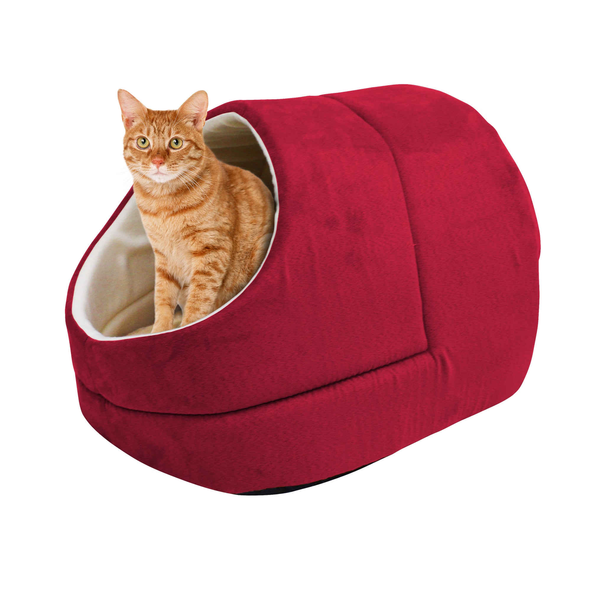 GOOPAWS Cave Covered Cat & Small Dog Warming Burrow Cat Bed, Burgundy