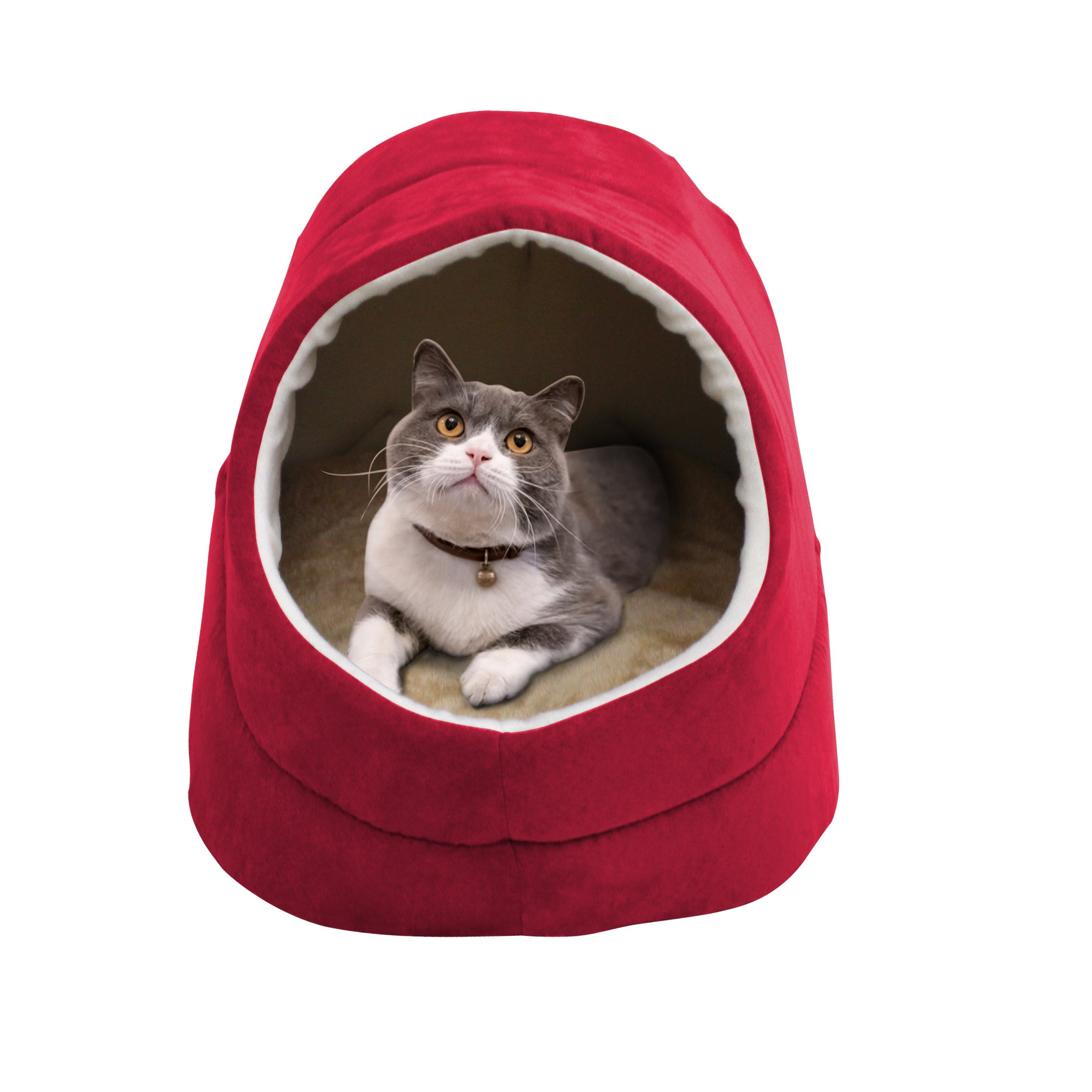 GOOPAWS Cave Covered Cat & Small Dog Warming Burrow Cat Bed, Burgundy - Image 2