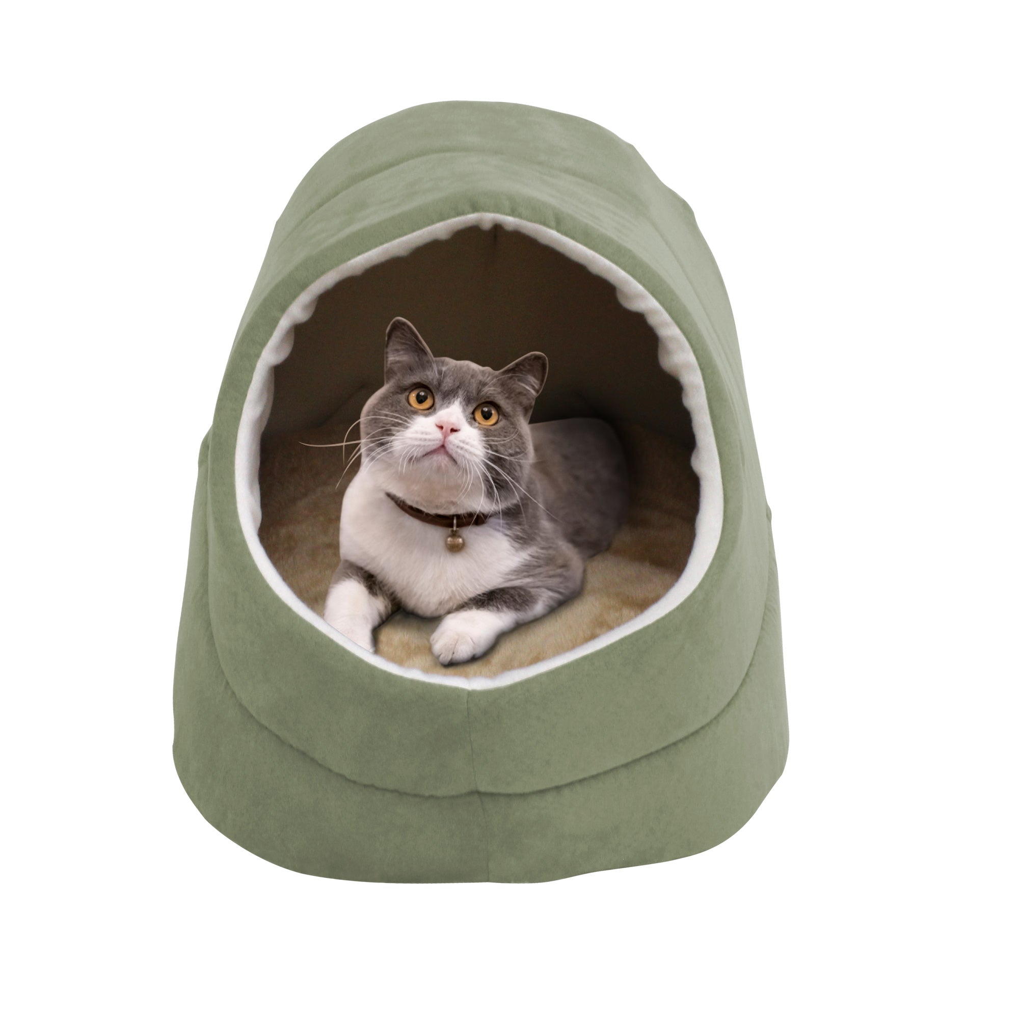 GOOPAWS Cave Covered Cat & Small Dog Warming Burrow Bed, Sage Green - Image 2