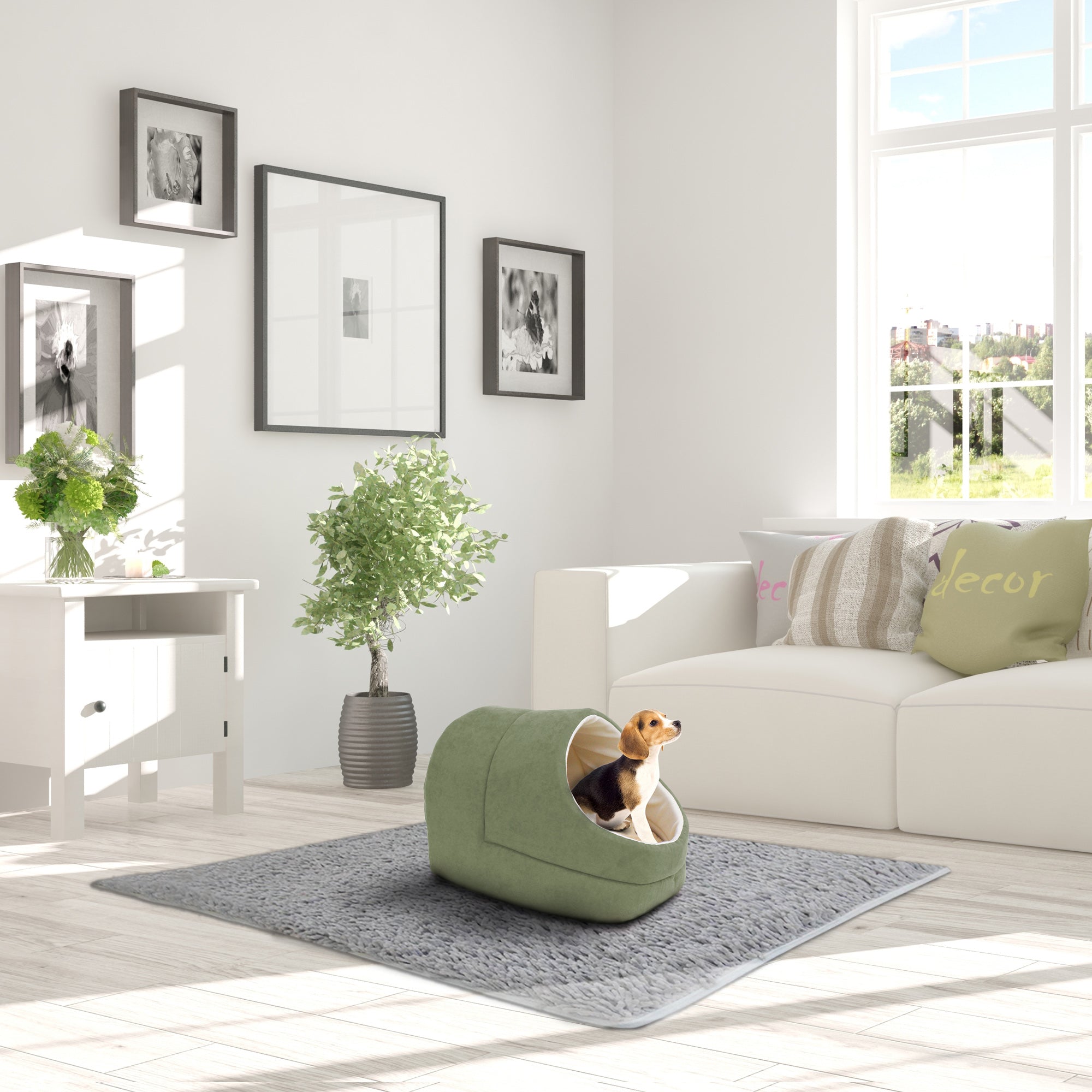 GOOPAWS Cave Covered Cat & Small Dog Warming Burrow Bed, Sage Green - Image 6