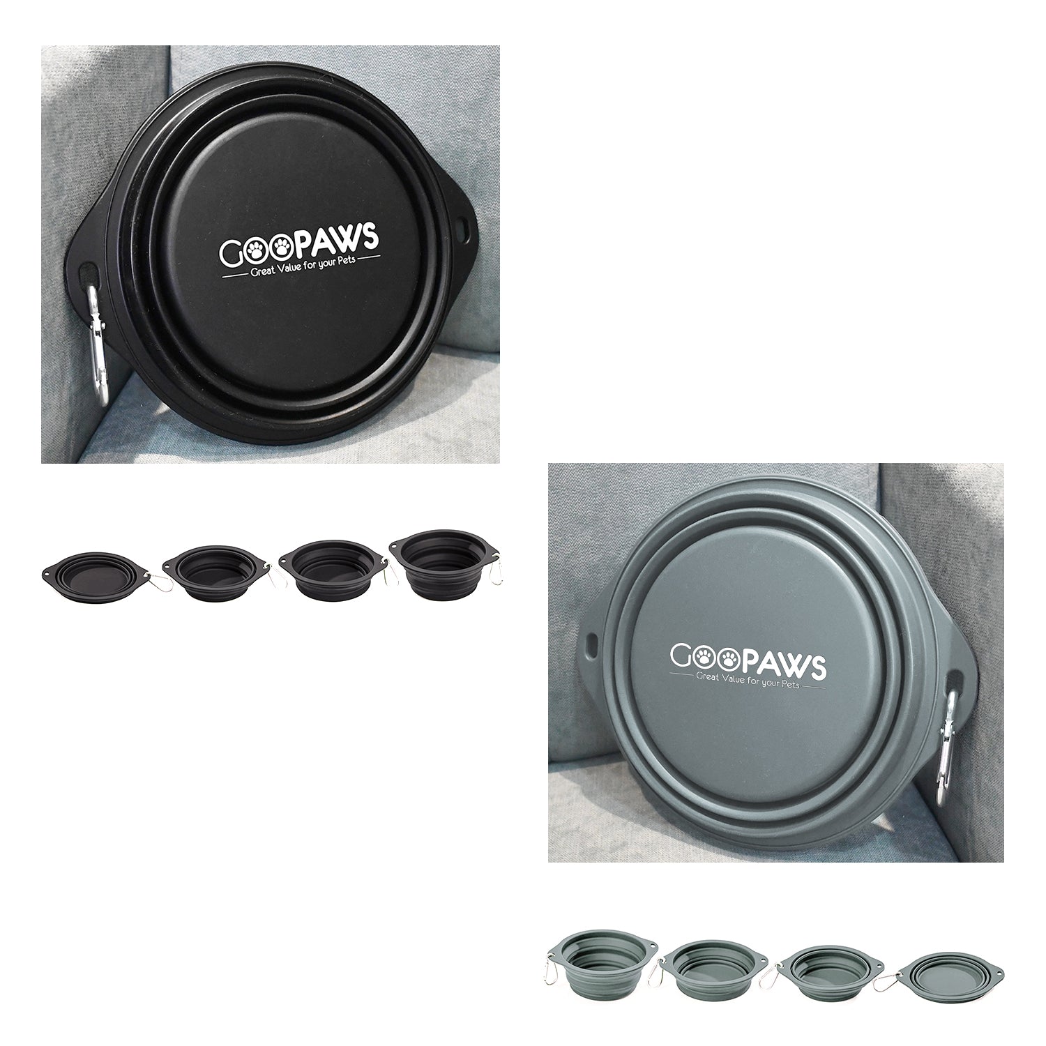 GOOPAWS 2 Pack Silicone Non-Skid Travel Dog and Cat Bowl, Black&Grey - Image 2