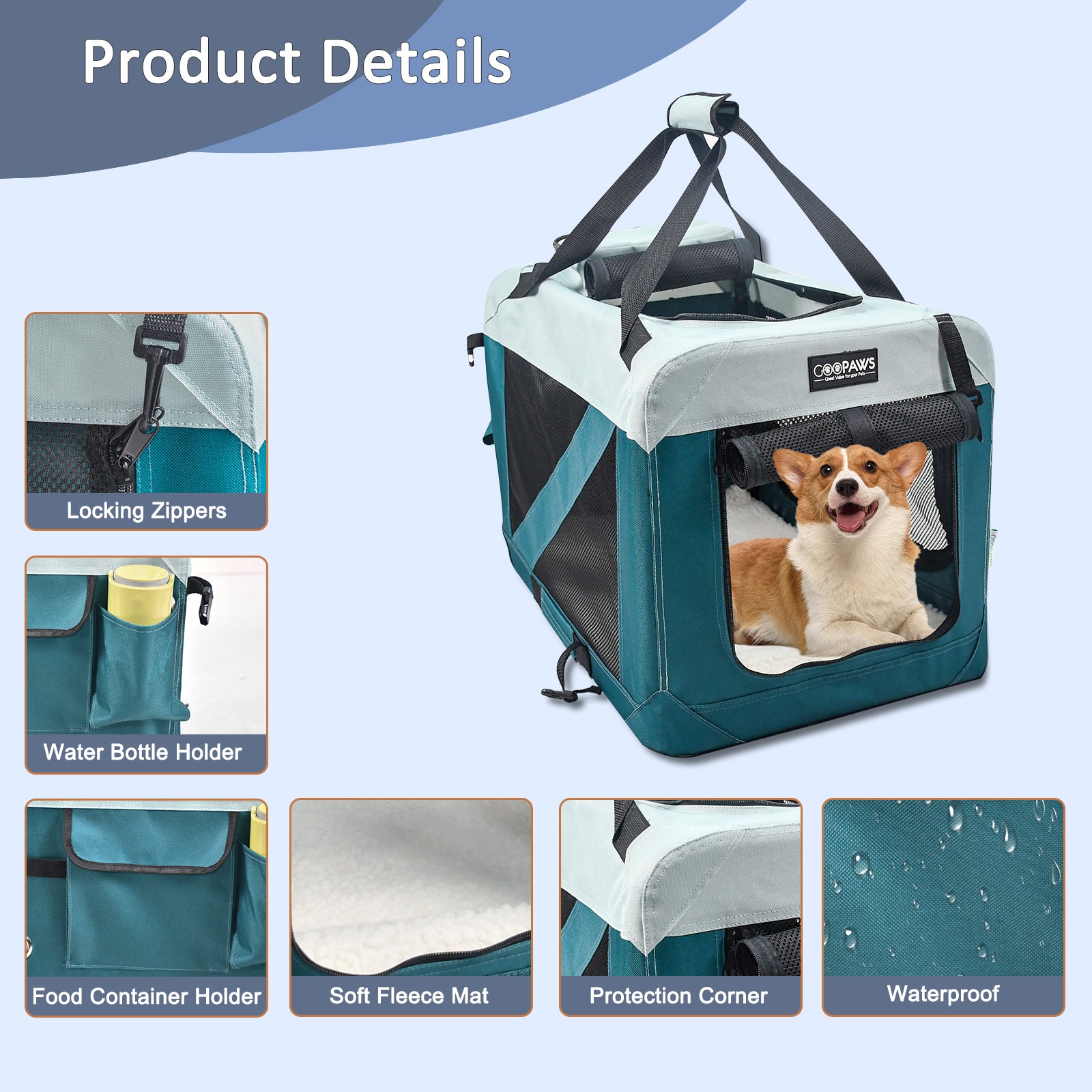 Jespet & GOOPAWS Indoor & Outdoor 3-Door Collapsible Soft-Sided Dog, Cat & Small Pet Crate, Teal Blue, 30'' - Image 2