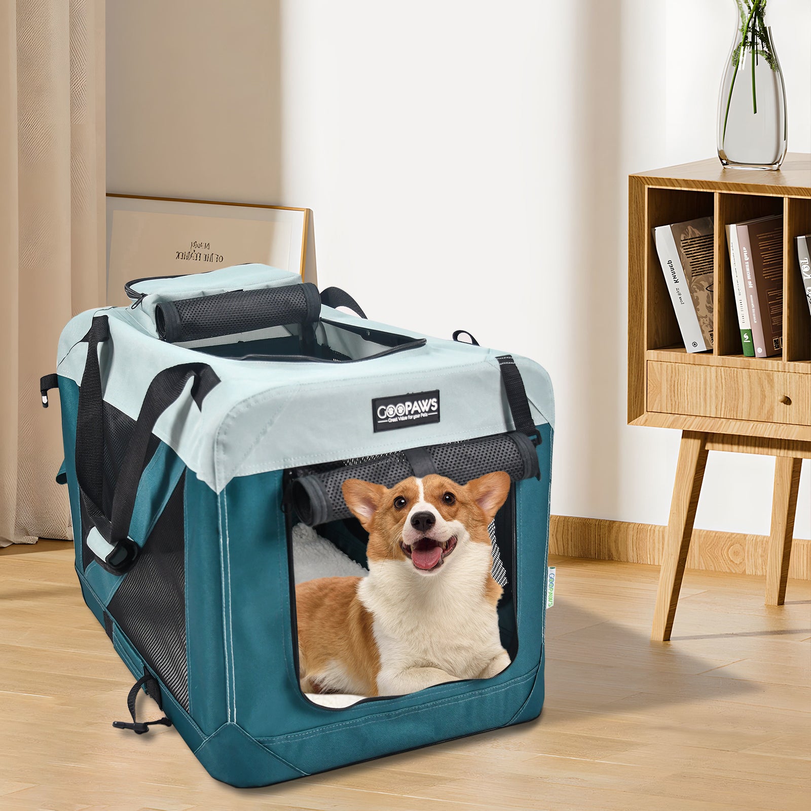 Jespet & GOOPAWS Indoor & Outdoor 3-Door Collapsible Soft-Sided Dog, Cat & Small Pet Crate, Teal Blue, 30'' - Image 3