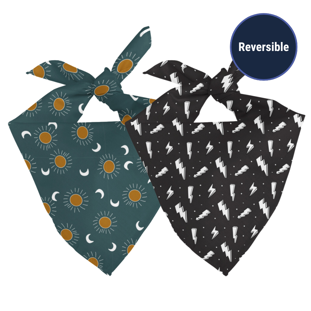 double sided moon and lightning bandana on a white background.