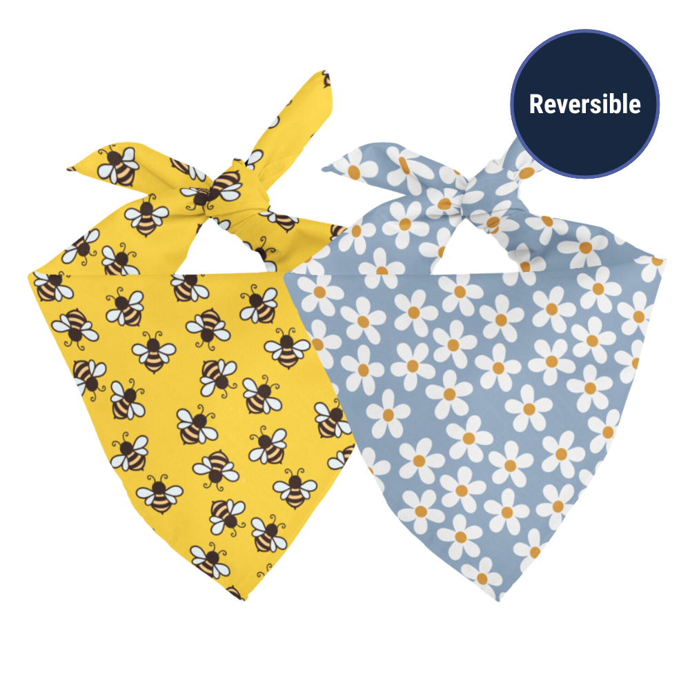 Double sided bees and daisies bandana on a white background.