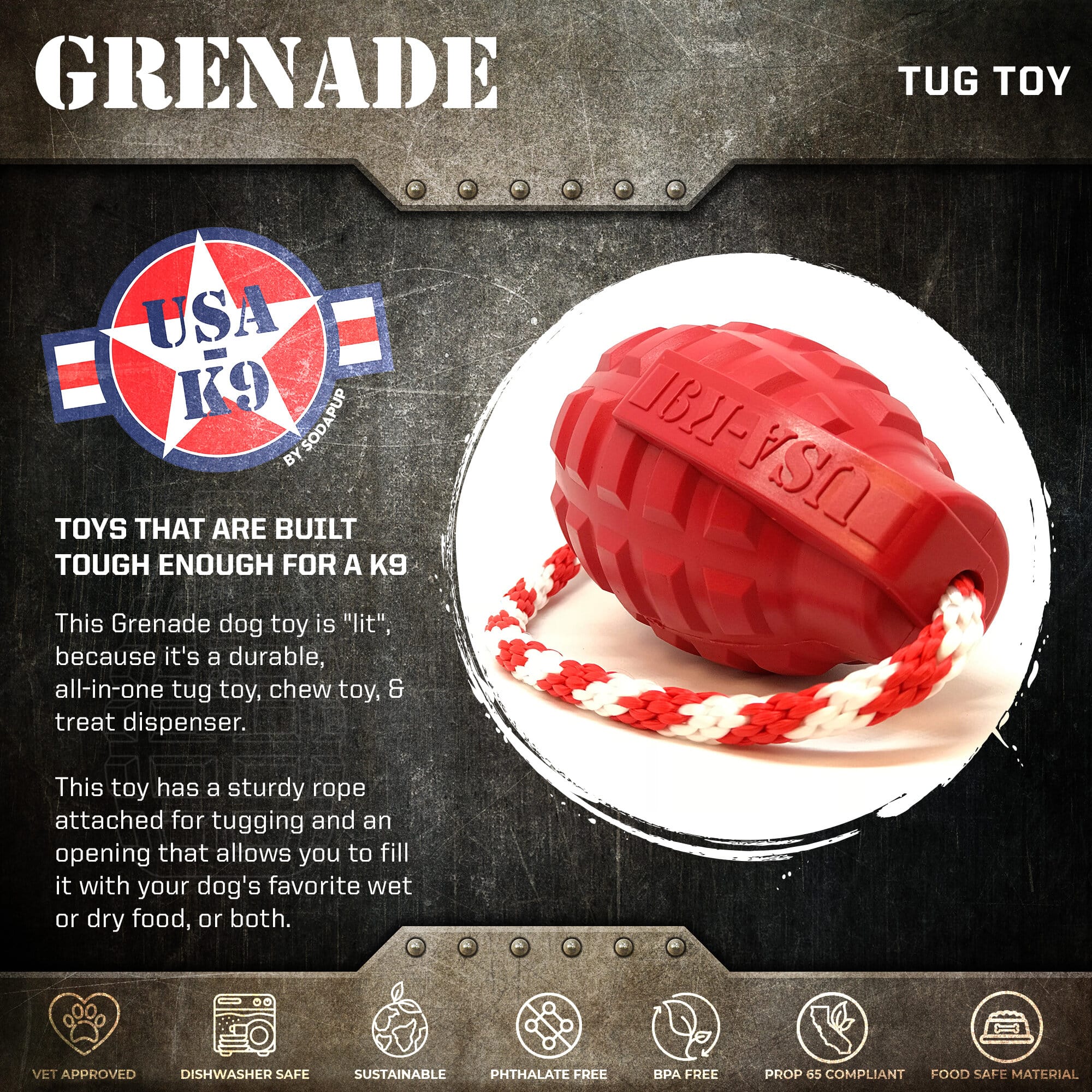 SodaPup USA-K9 Grenade Shaped Rubber Dog Toy Chew, Treat Dispenser & Tug | USA Army Green