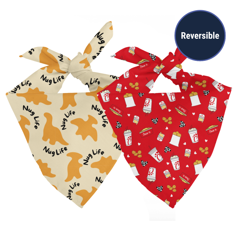 Double sided chicken nuggets bandana on a white background.