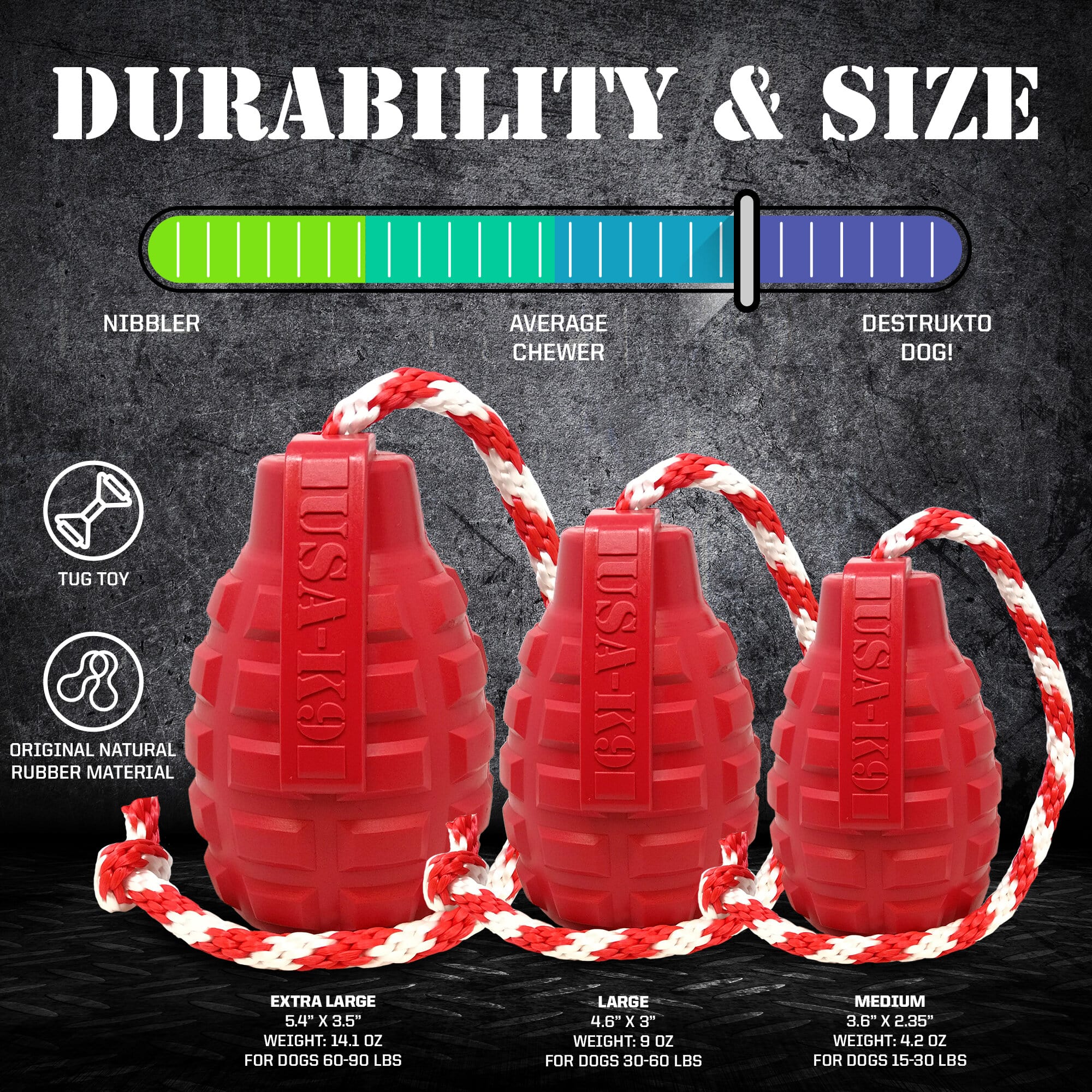 SodaPup USA-K9 Grenade Shaped Rubber Dog Toy Chew, Treat Dispenser & Tug | USA Army Green