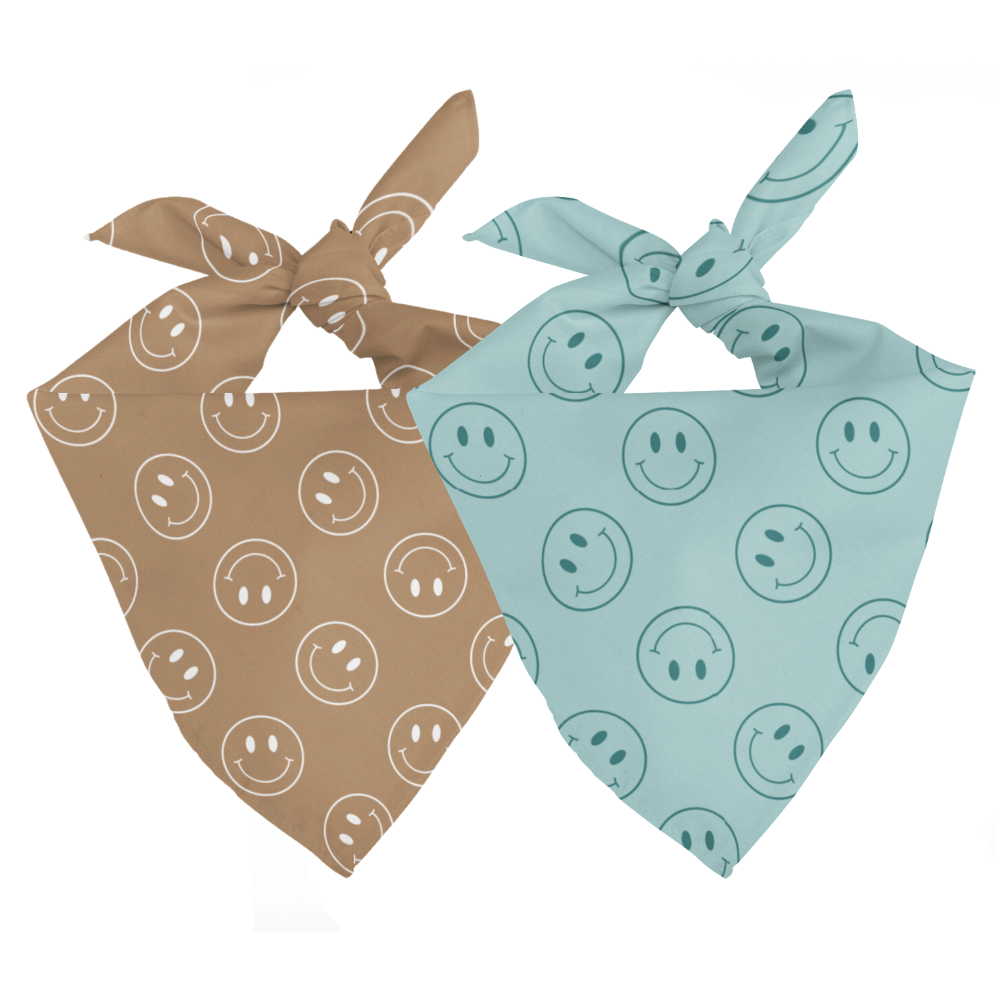 Double sided bandana with smiley face patterns, one brown and one blue, on a white background.