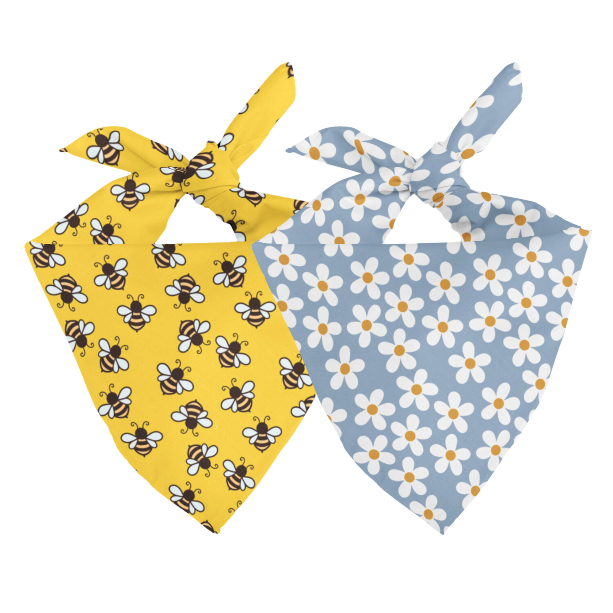Double sided bandana with bee and daisy patterns on a white background