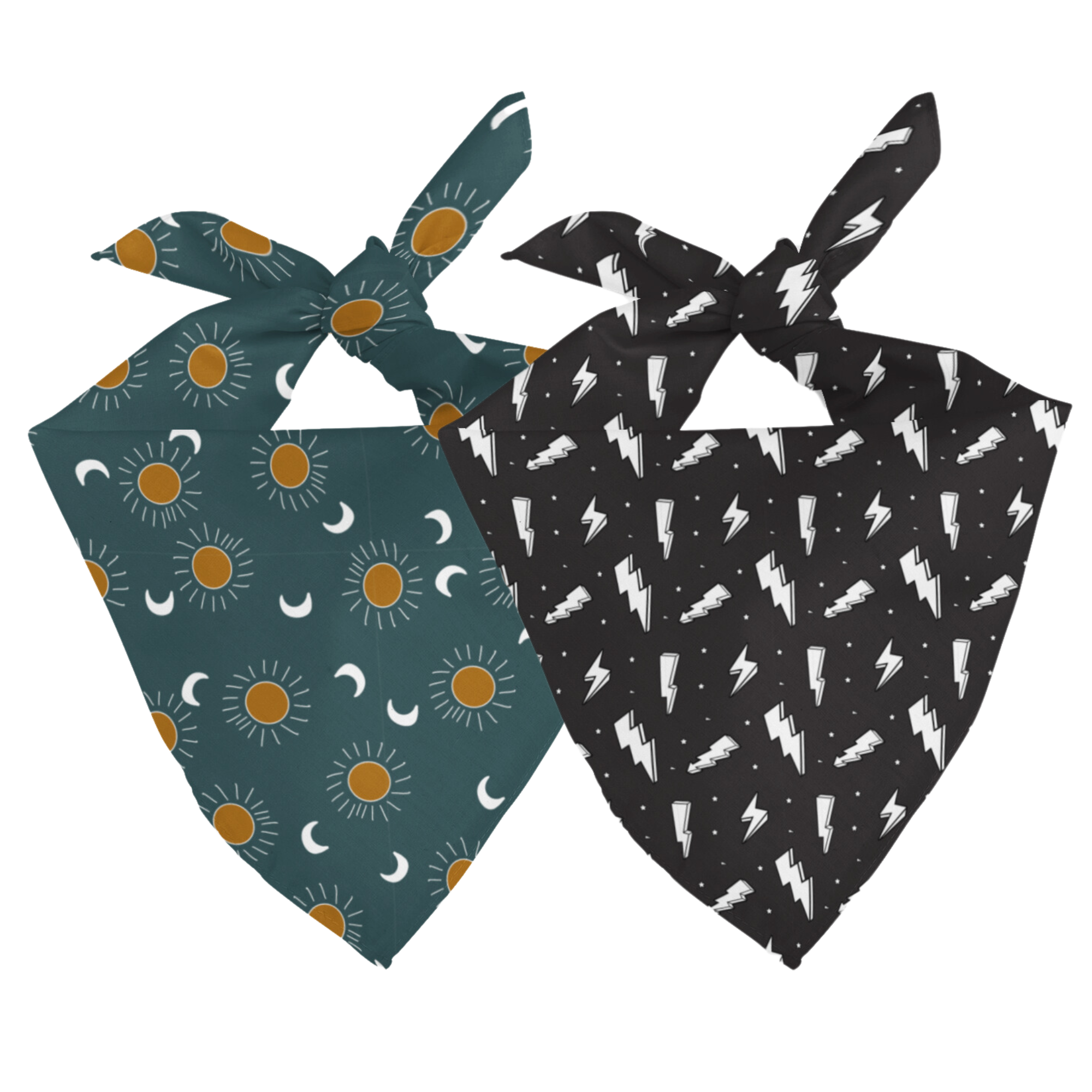 Double sided bandana with star and moon pattern on one and lightning bolt pattern on the other, on a white background.