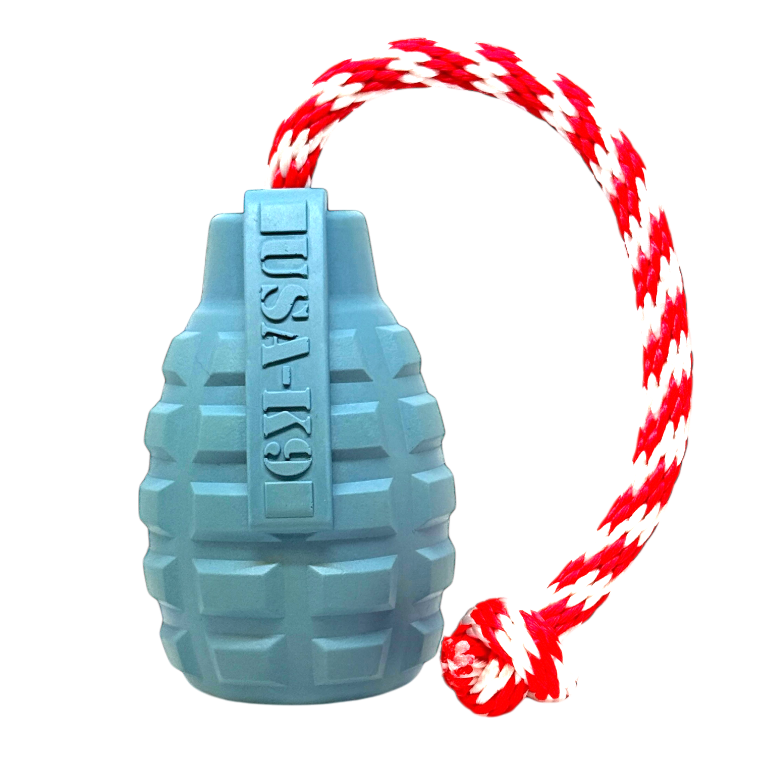 SodaPup USA-K9 Grenade Shaped Rubber Dog Toy Chew, Treat Dispenser & Tug | USA LARGE REWARD STEEL BLUE